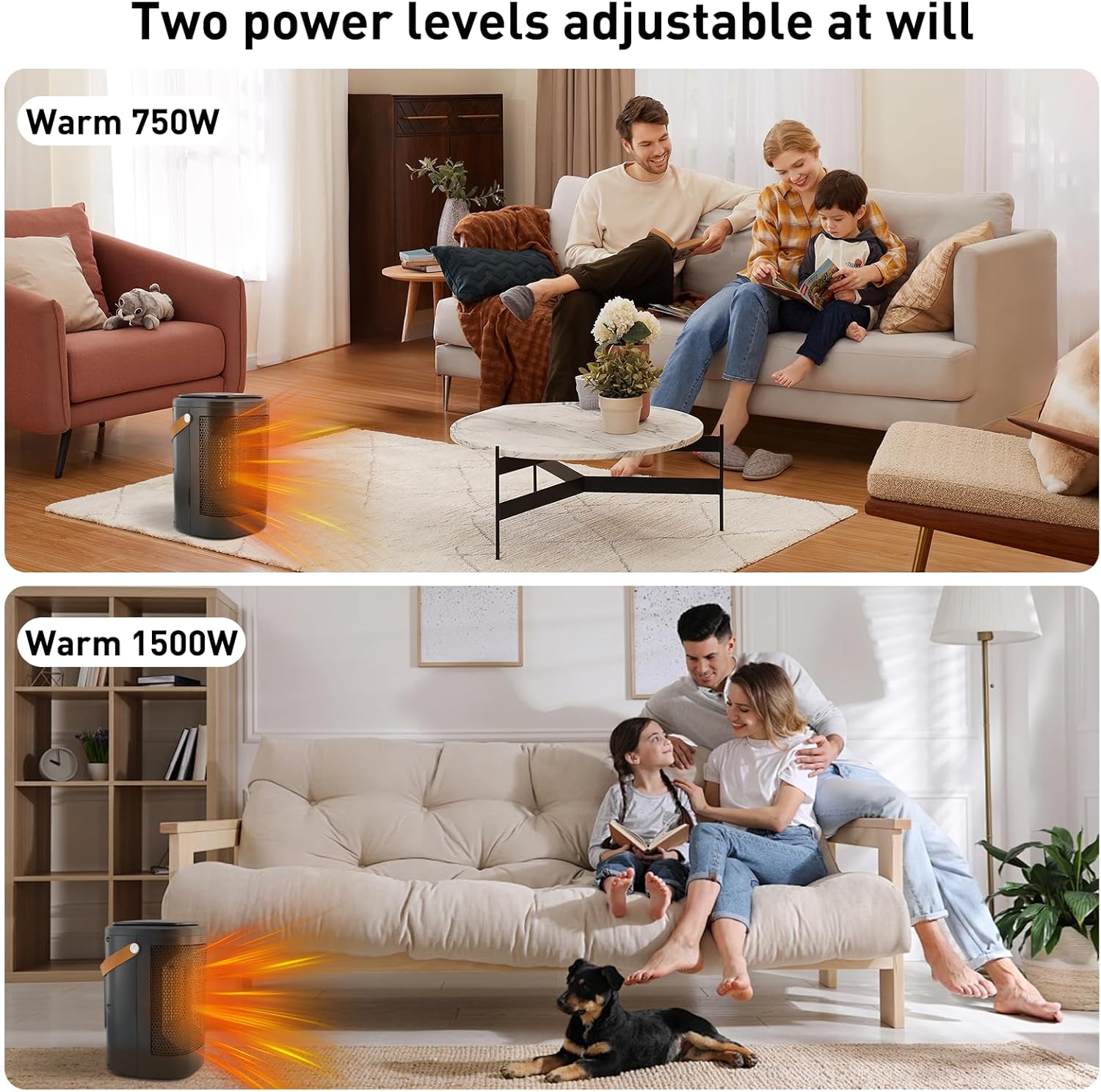 CCGIRU Portable PTC Ceramic Space Heater showing 750W and 1500W heating modes in different room settings