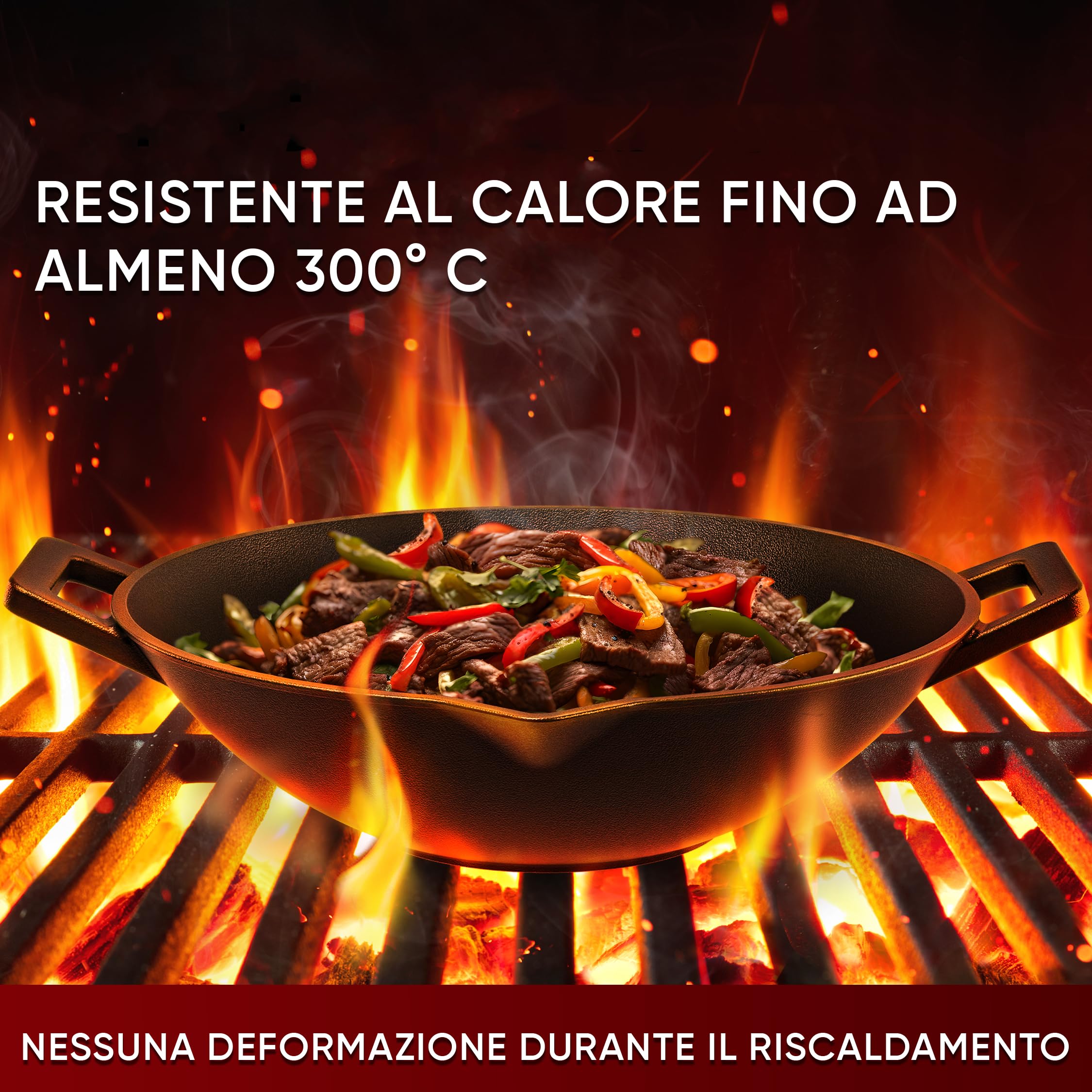 GUSSKÖNIG Wok in Ghisa - 36 cm, Wok Cinese Originale per gas, fornello, Wok Induzione. Include anello in acciaio inox per la pulizia, guanti da grill e libro di ricette-padella ghisa