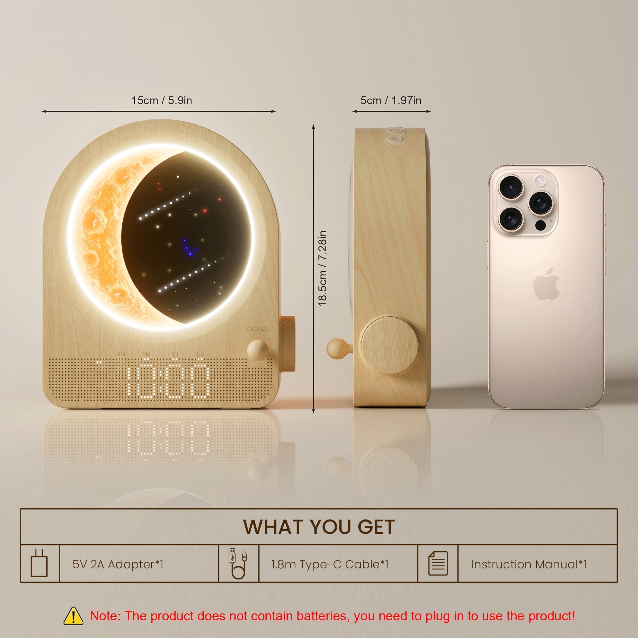 BP® Wake Up Light - Lichtwekker - Wake Up Maanlamp - Digitale Wekker Met Geluiden En 10 Kleuren Bruin