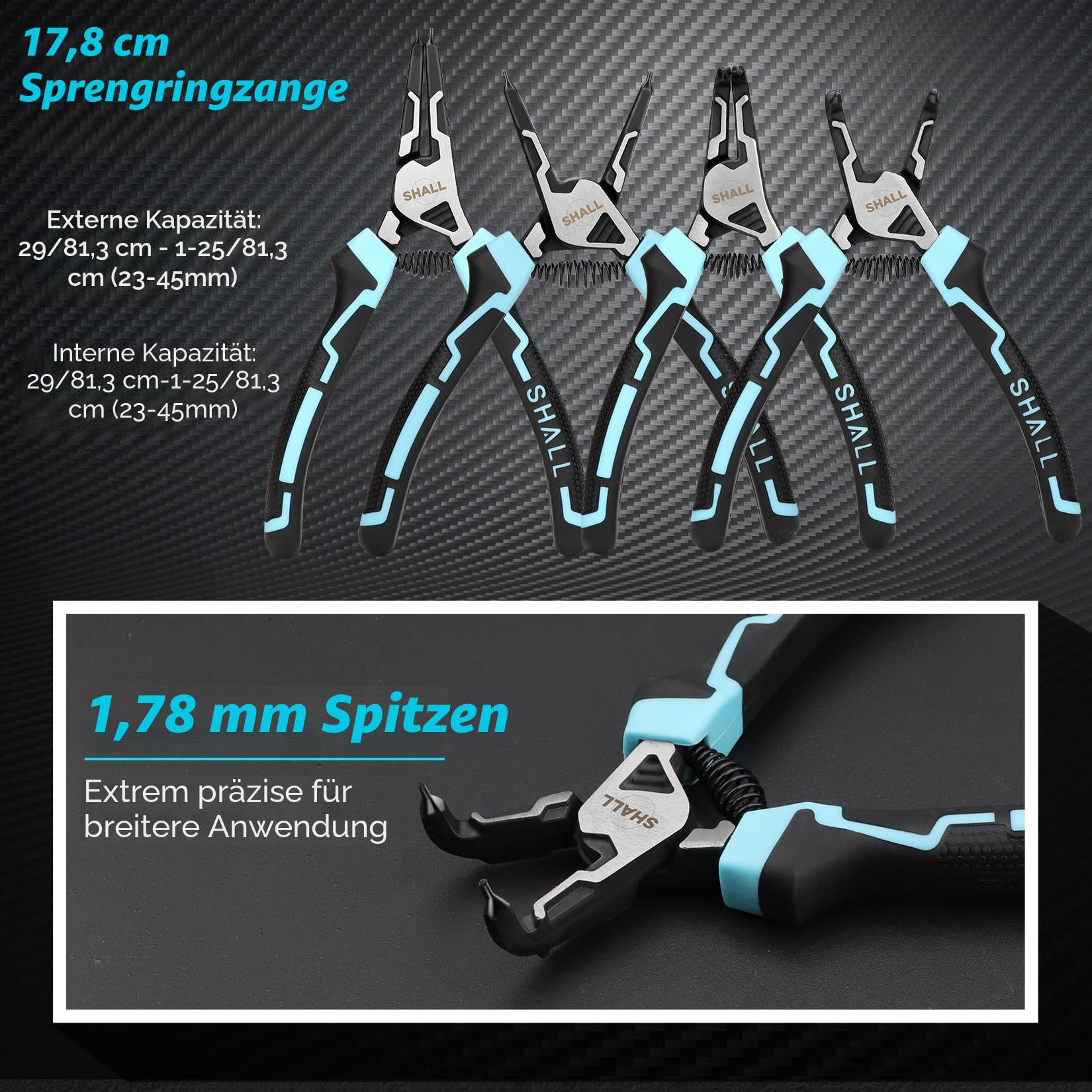 SHALL Sprengringzangen-Set, 4-teiliges robustes 7-Zoll-Sicherungsringzangen, Sicherungsringzange mit 5/64-Zoll-Spitze, umgekehrte Zange für Ringentferner-Halterung mit tragbarer Tasche