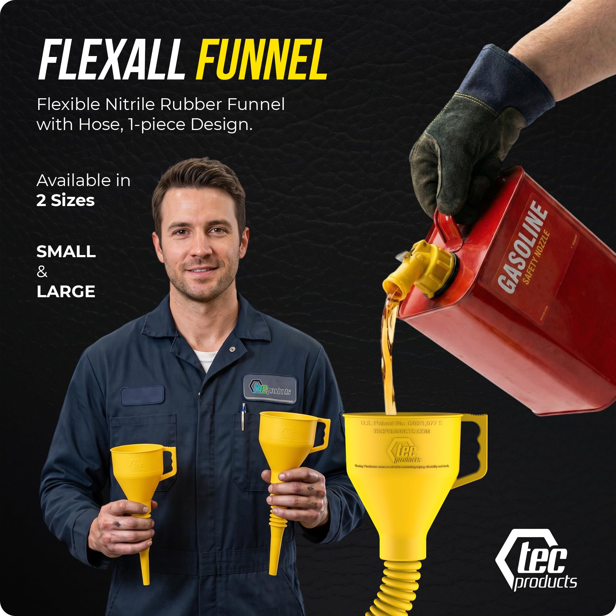 TEC Products FlexAll Embudos largos y flexibles, embudo de aceite automotriz con manguera, goma de nitrilo duradera para cambio de aceite, líquido de transmisión, diésel, combustible, gas, fabricado
