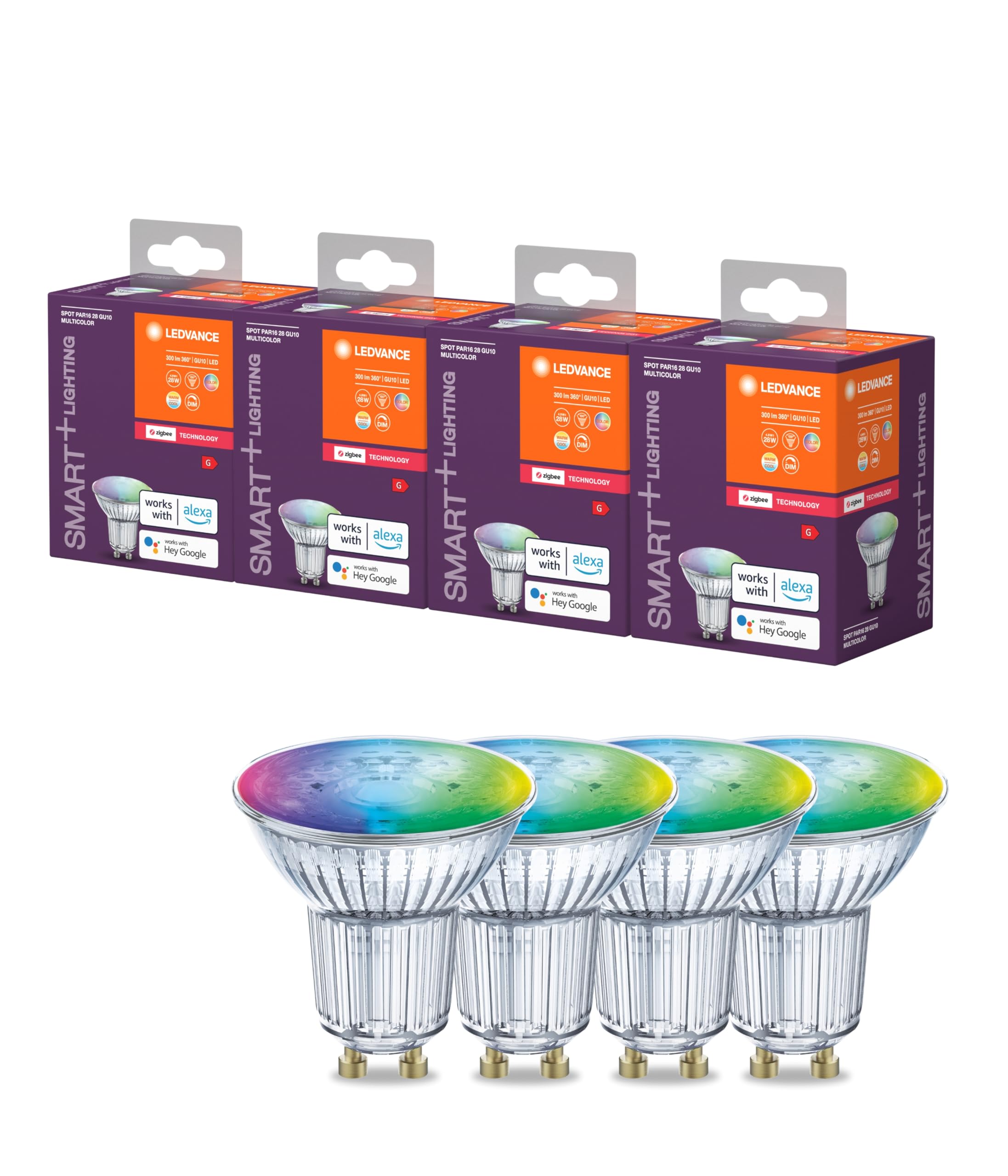 LEDVANCE LEDVANCE Smart+ Reflektorlampe mit ZigBee Technologie, 4,9W, PAR16, Lichtfarbe RGBW einstellbar, Sockel GU10, 4er Pack, White