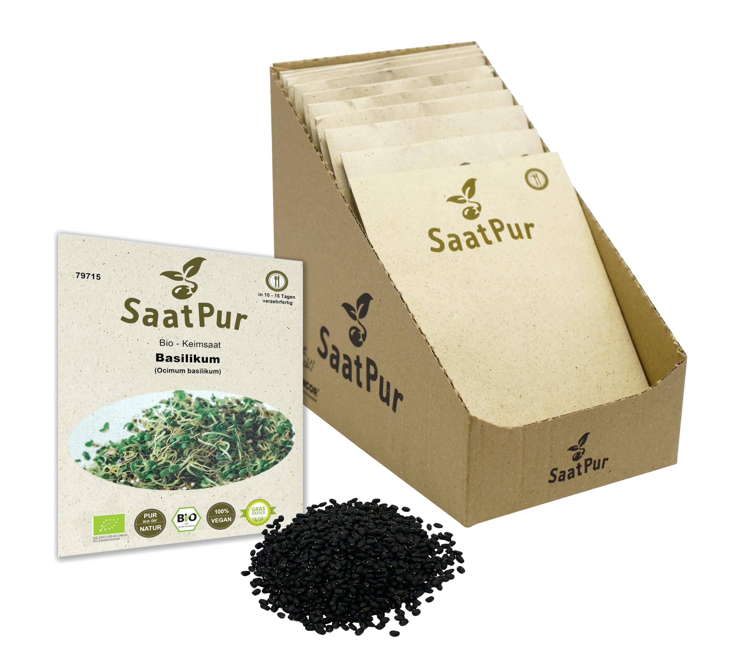 Basilikum BIO Keimsaat von SaatPur - Keimsprossen Sprossen Microgreen, Basil für Getränke Lebensmittelqualität - Kleines Tray mit 20 Portionstüten je 20g