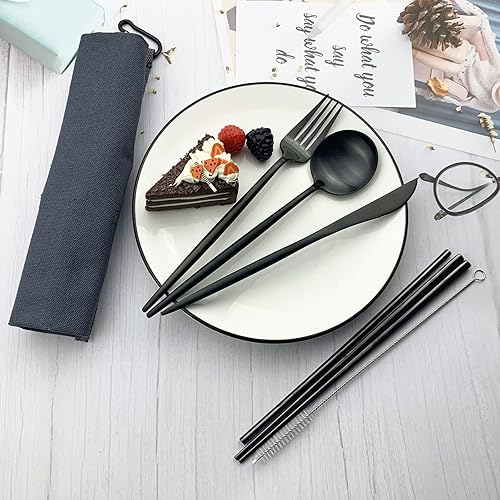 Miniatura 18 de JASHII Juego de cubiertos reutilizables con cuchillo, tenedor, cuchara, palillos, 7 piezas de vajilla portátil de acero inoxidable 304 de viaje