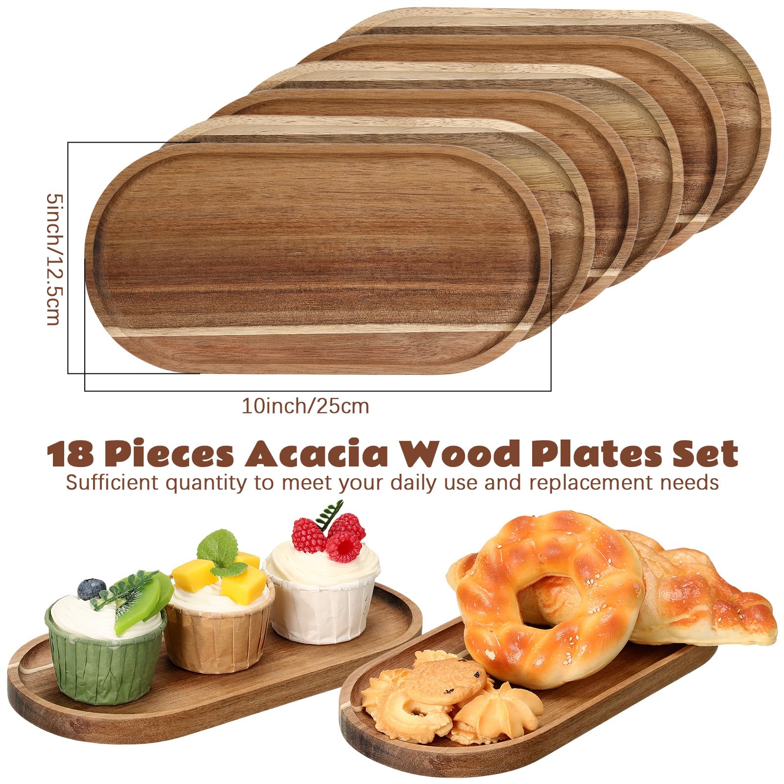 Wenqik Set di 18 piatti in legno di acacia, 25,4 x 12,7 cm, piatti ovali in legno di acacia, vassoio da portata per frutta, formaggio, dessert, antipasti, verdure, salumi, barbecue, feste, matrimoni