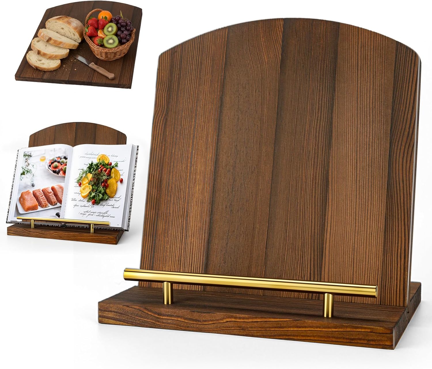 Wooden Cookbook Stand for Kitchen Counter, TAQIXI 2 in 1 Recipe Book Holder, Charcuterie Board & Kitchen Serving Tray, Rustic Cook Book Holder Stand for Kitchen (Brown)