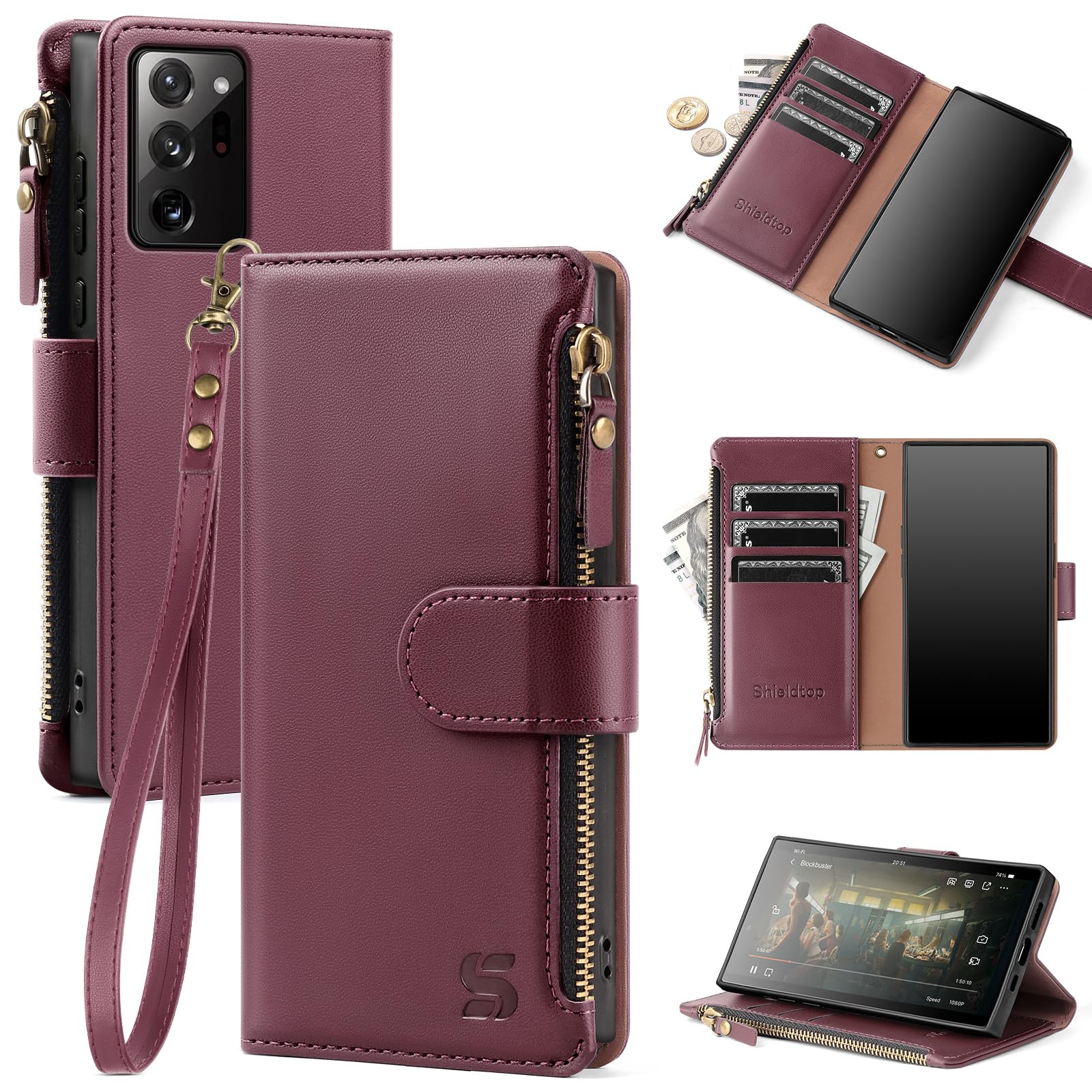 Shieldtop for Samsung Galaxy Note 20 Ultra 5G Wallet Case with Card Holder Women Men,Galaxy Note 20 Ultra 5G Phone Case [RFID Blocking] PU Leather Cover Strap Zipper Credit Card Slots,Wine Red