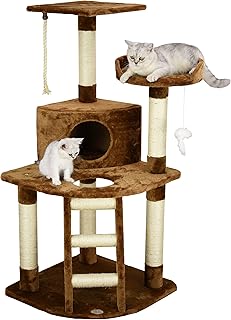 Go Pet Club 48" Corner Cat Tree Kitty Condo Kitten Tower Furniture with Multiple Scratching Posts, Sisal Covered Ladder, Plush Condo Platform, and Hanging Toy for Indoor Cats, Brown