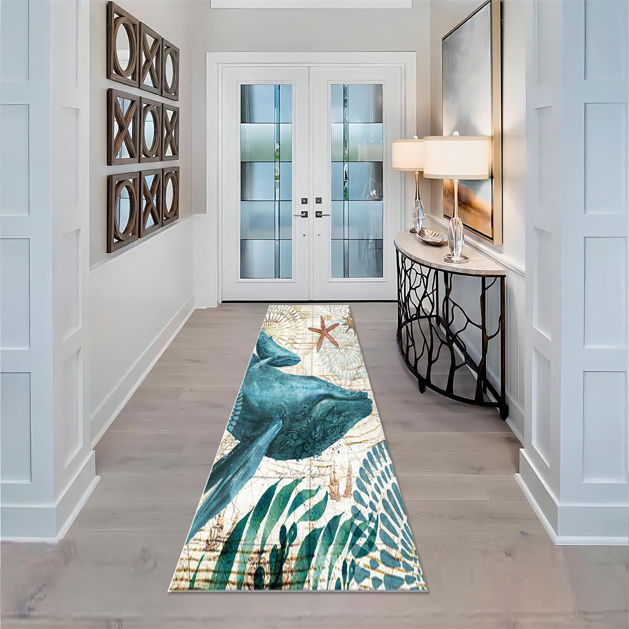 Amazon.com: Blue Whale Nautical Map Runner Rug,1.3x7ft, Ocean Animal Print  Corridor Long Rugs, Strip Retro Indoor Underwater World Non-Slip Washable  Carpet for Bedroom Living Room Bathroom Kitchen : Home & Kitchen