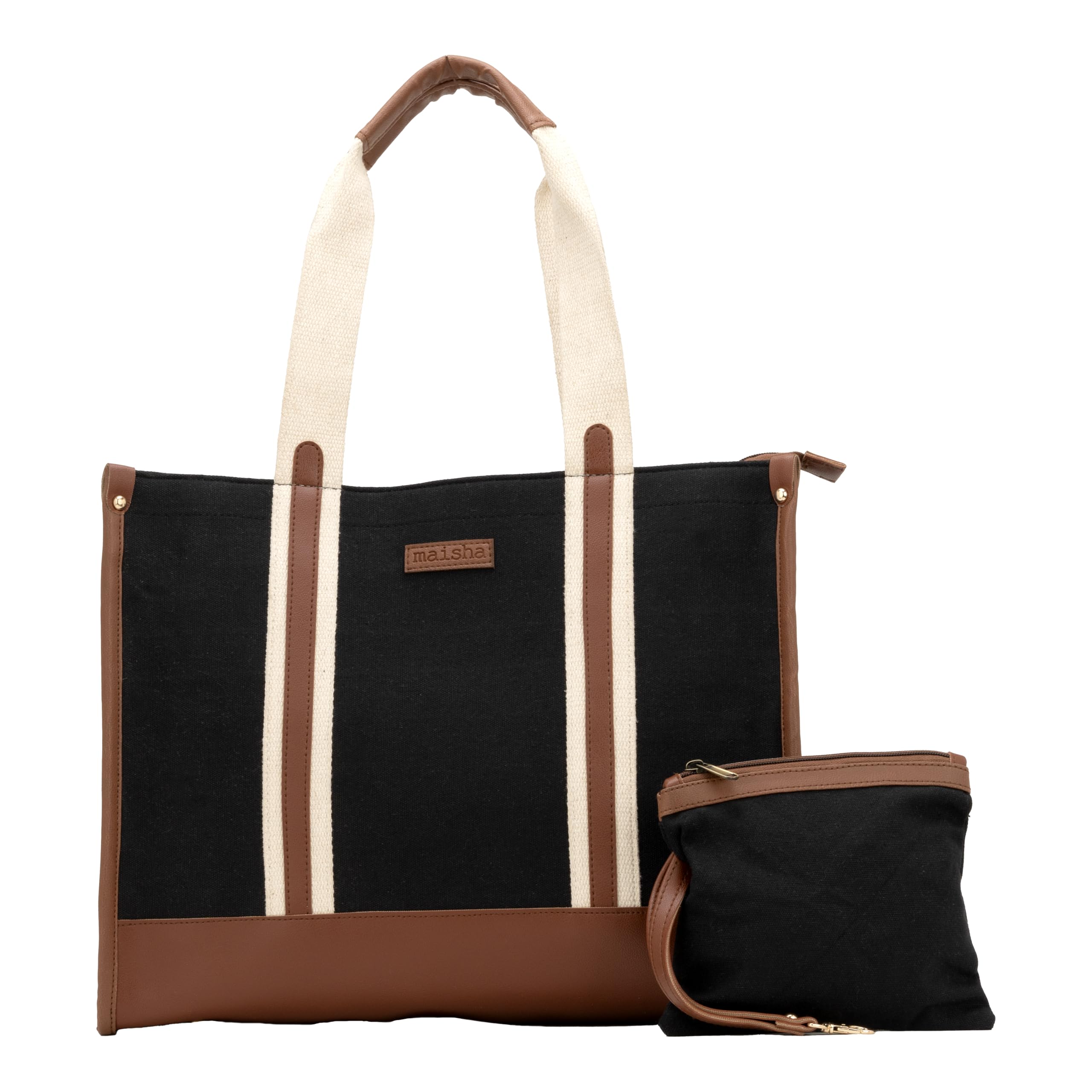 maisha by Esha Canvas Office Tote Bag for Women| 16-inch Padded Laptop Sleeve, Water Bottle Compartment & Detachable Pouch | Leather Base with Metal Studs-picture-4