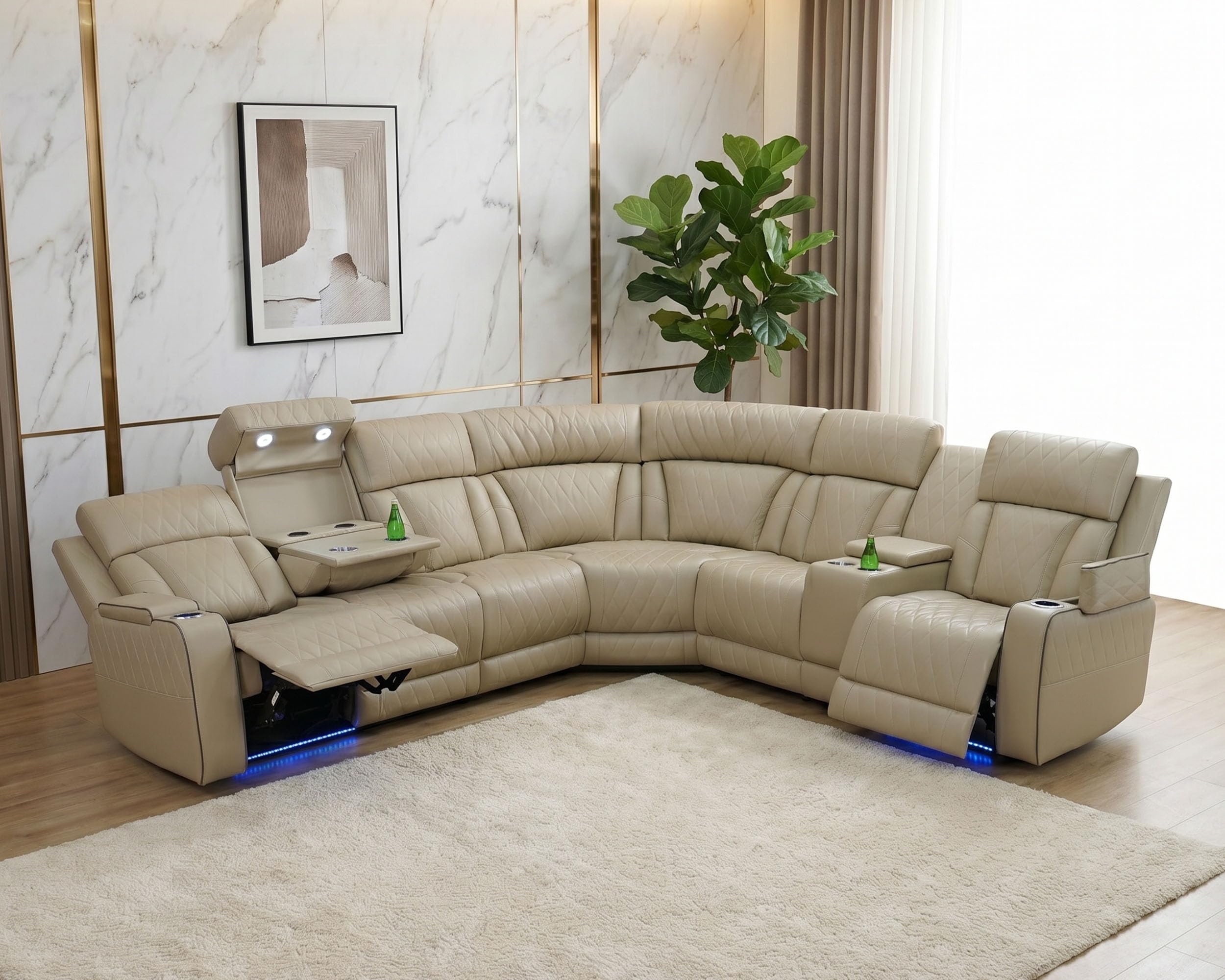 Plithzy Breathing Leather L-Shaped Reclining Sectional Couch in Beige