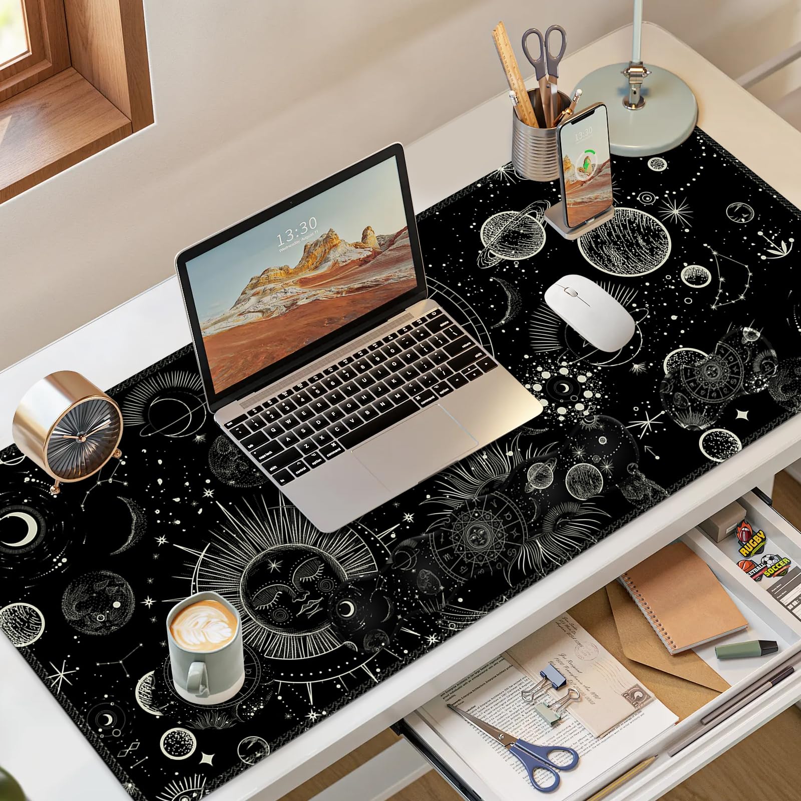 NXZGO Gaming Mouse Pad Keyboard Wrist Support, 4 in1 Mousepad Set with Wrist Keyboard Rest, Computer Desk Mat, Non-Slip Desk Pad Protector with Memory Foam Easy Typing Pain Relief I Moon Sun Cosmic