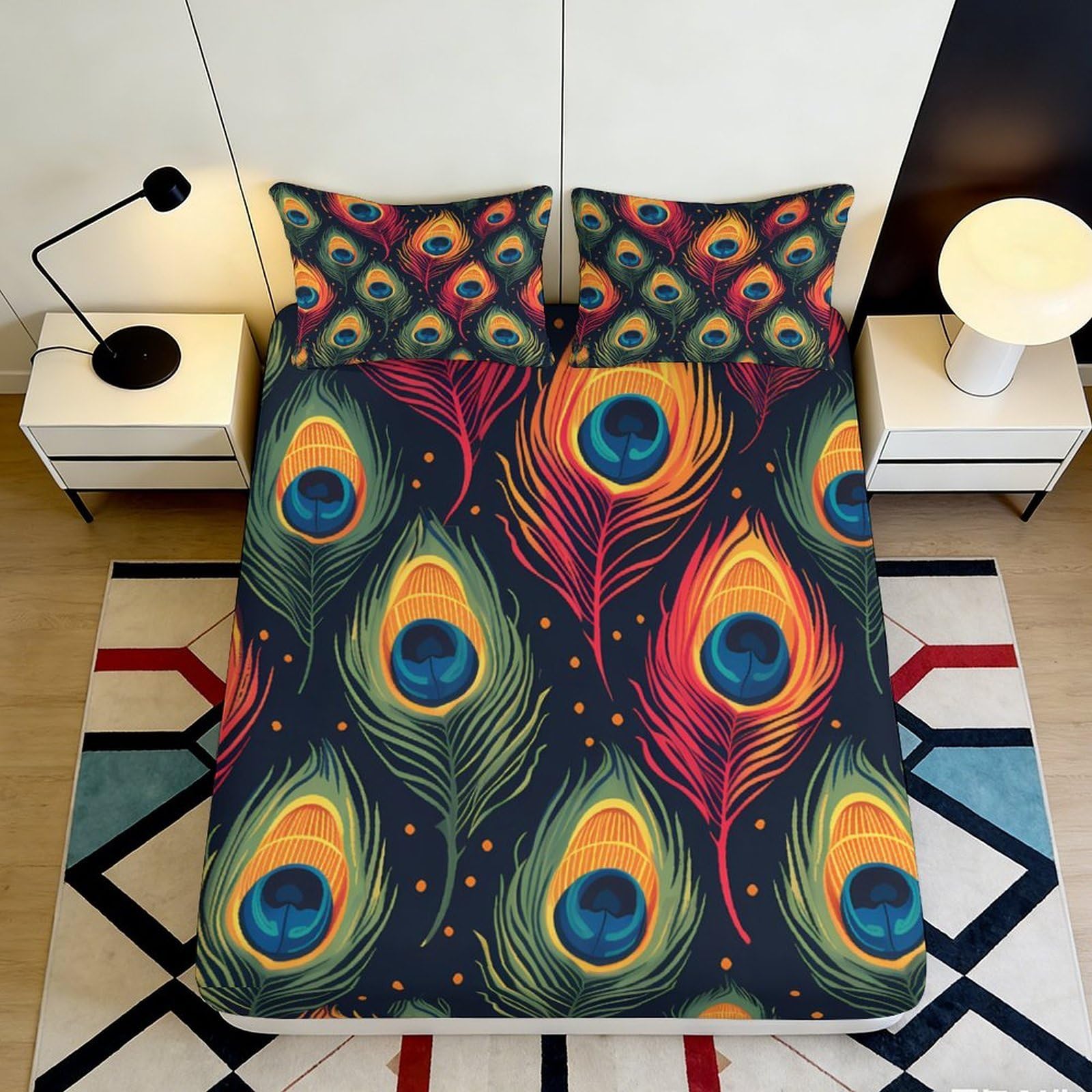 3D Printed Peacock Feather Fitted Sheet Microfiber Soft Colorful Bed Cover for Bedroom Guestroom Dorm Mattress Protection 180x200x25cm