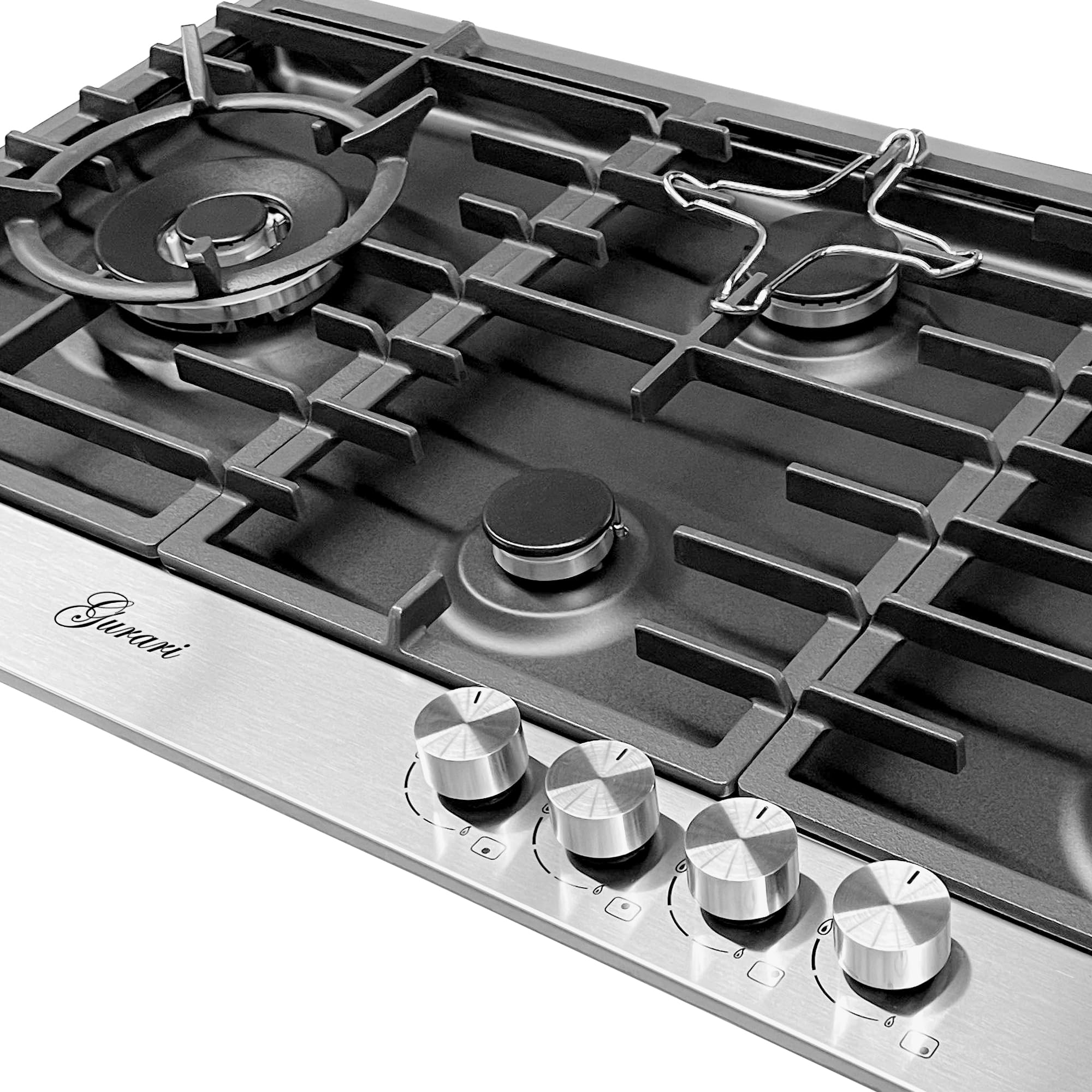 Gurari Gaskochfeld 90 cm Edelstahl/Schwarz TY905VPGC Einbau Gasherd mit 5 Flammen • WOK-Brenner 4,0 kW • Erdgas & Propan (FL.Gas) • Massive Gusseisenroste • Modernes Design • Profi-Qualität