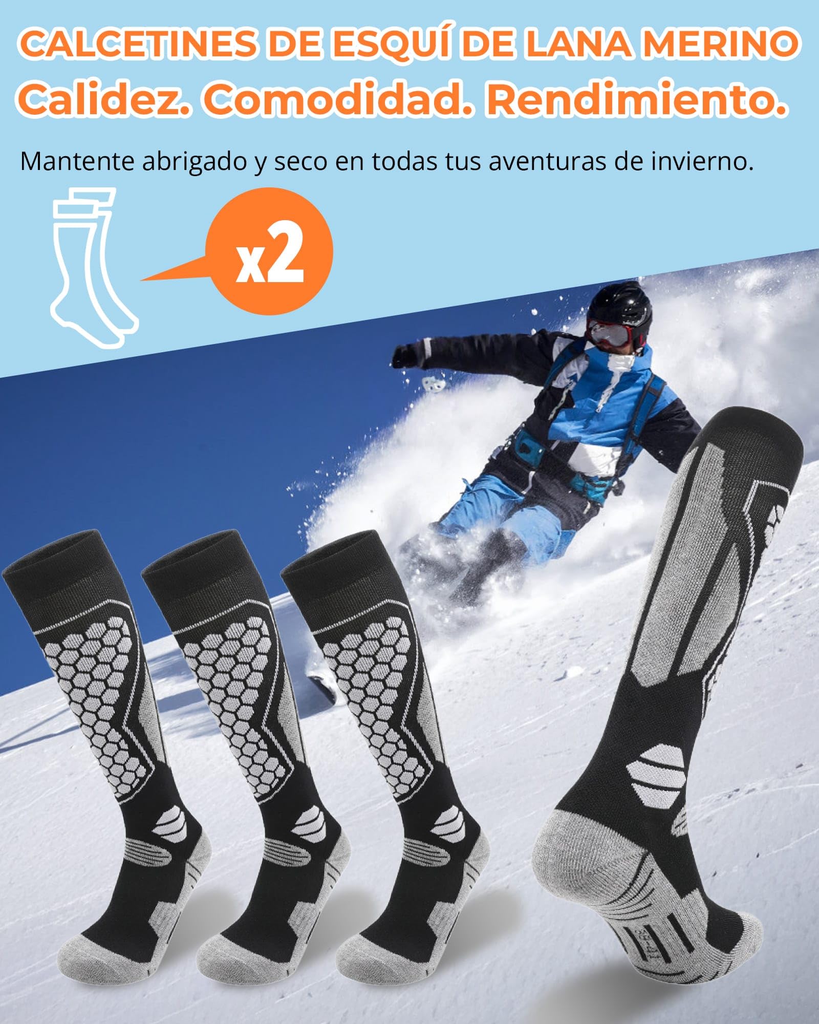 Calcetines de Esquí Lana Merino Térmicos – 2 Pares Calcetines Altos para Hombre y Mujer, Cálidos, Transpirables e Imbottados para Nieve, Snowboard y Invierno