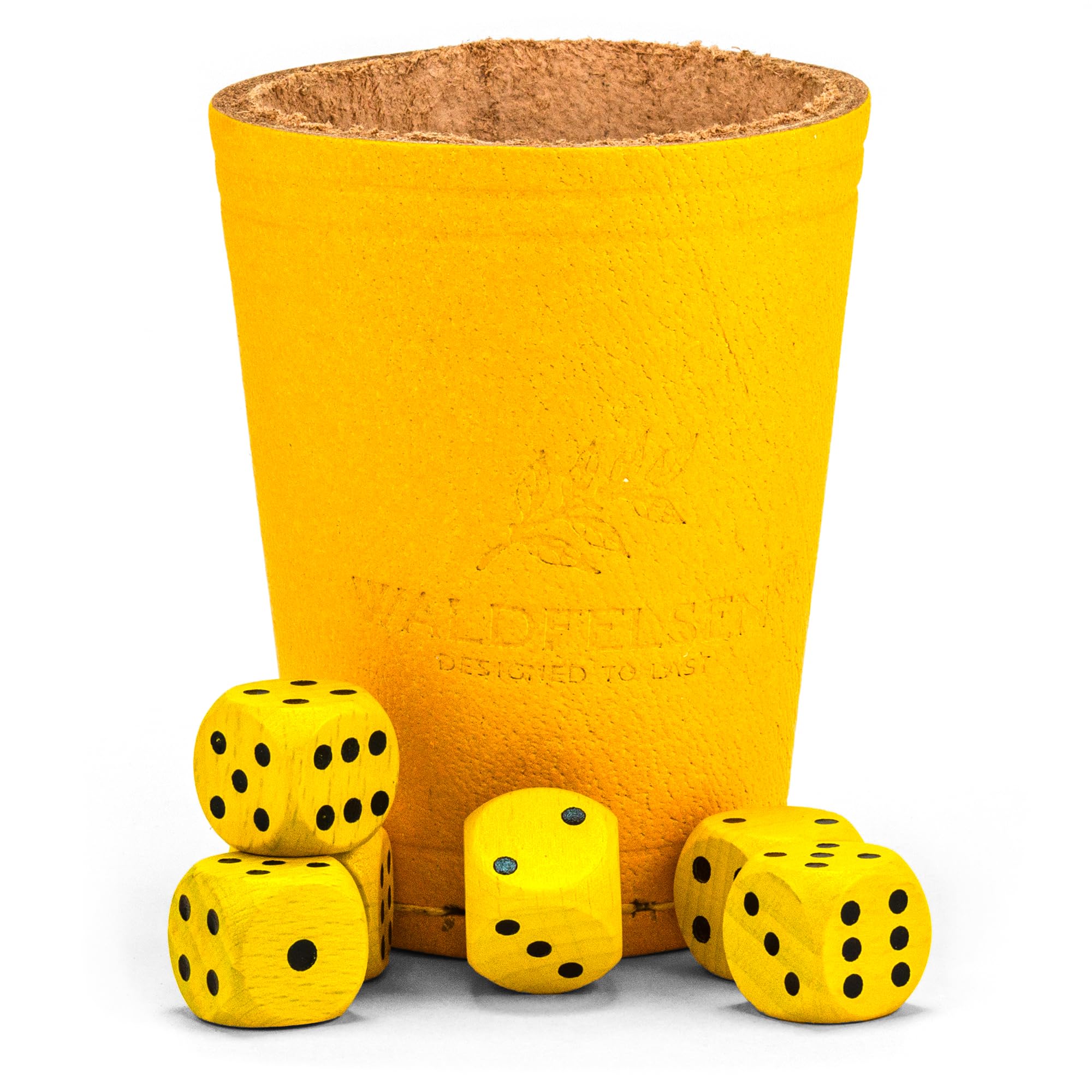 Kubek do kości z prawdziwej skóry (9 cm) z 6 drewnianymi kostkami (16 mm) z drewna bukowego Skórzany kubek do kości Zestaw kości Kości punktowe Kości do gry (Kolor: Żółty)
