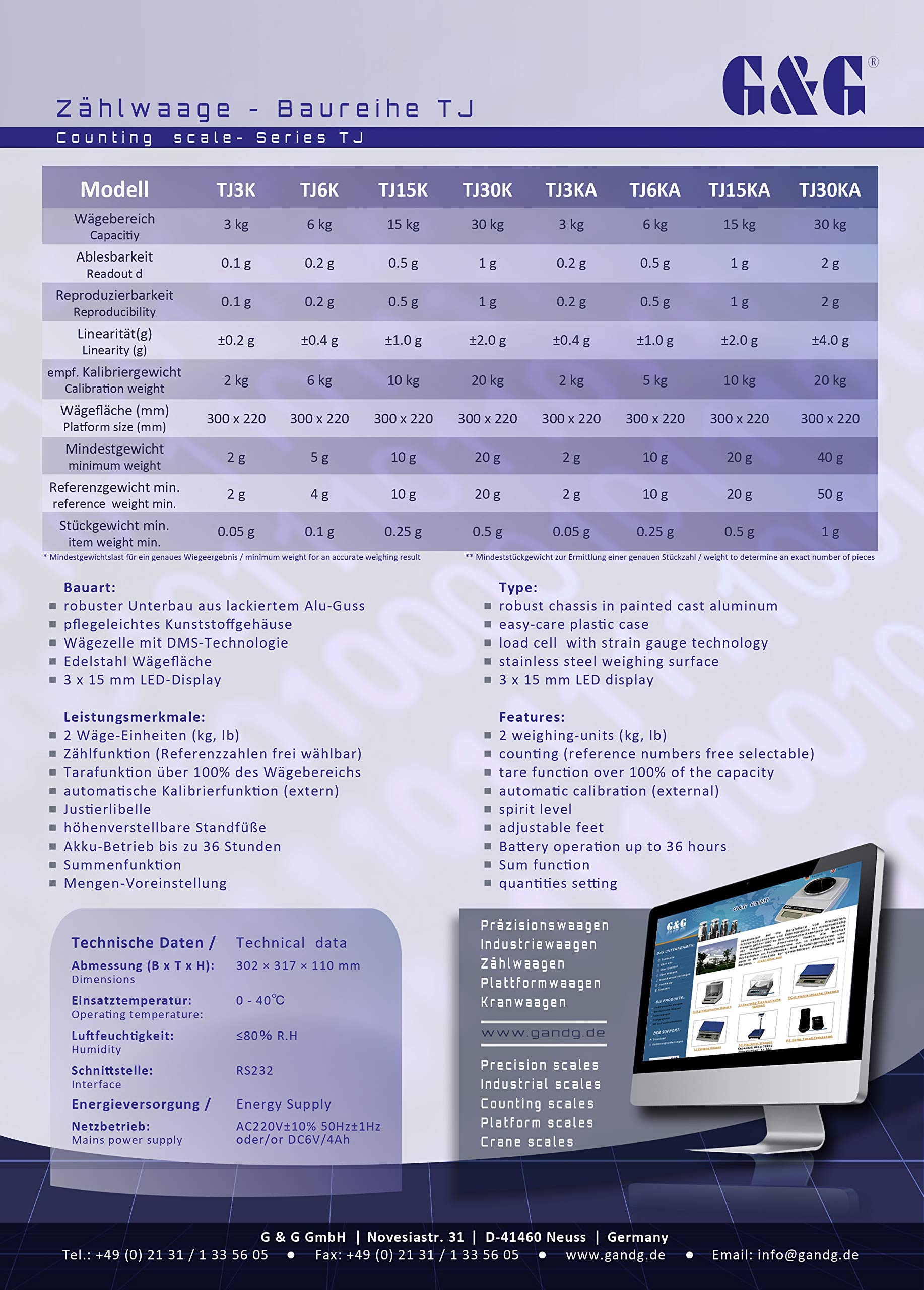 G&G TJ-Baureihe Zählwaagen 3Kg-0.1g/6Kg-0.2/15kg-0.5g/30kg-1g Präzisionswaage Laborwaage Industriewaage Plattformwaage