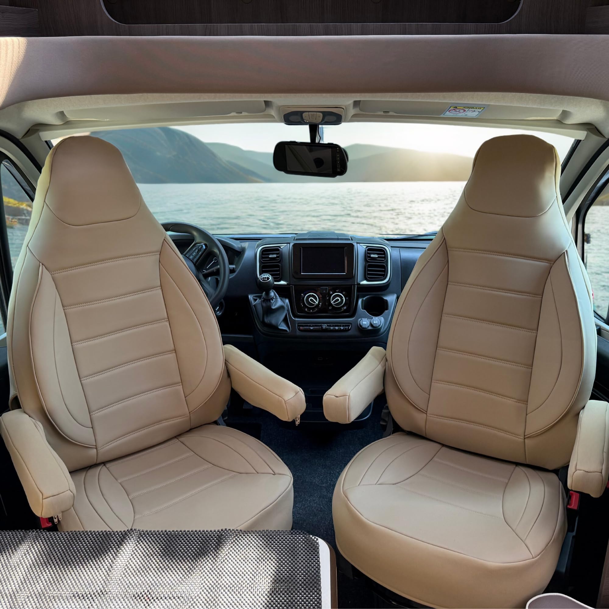 Lot de 2 housses de siège compatibles avec Fiat Ducato, camping-car, pour conducteur et passager, avec housses d'accoudoir, pour Pössl, Knaus, Adria, Carthago - Beige