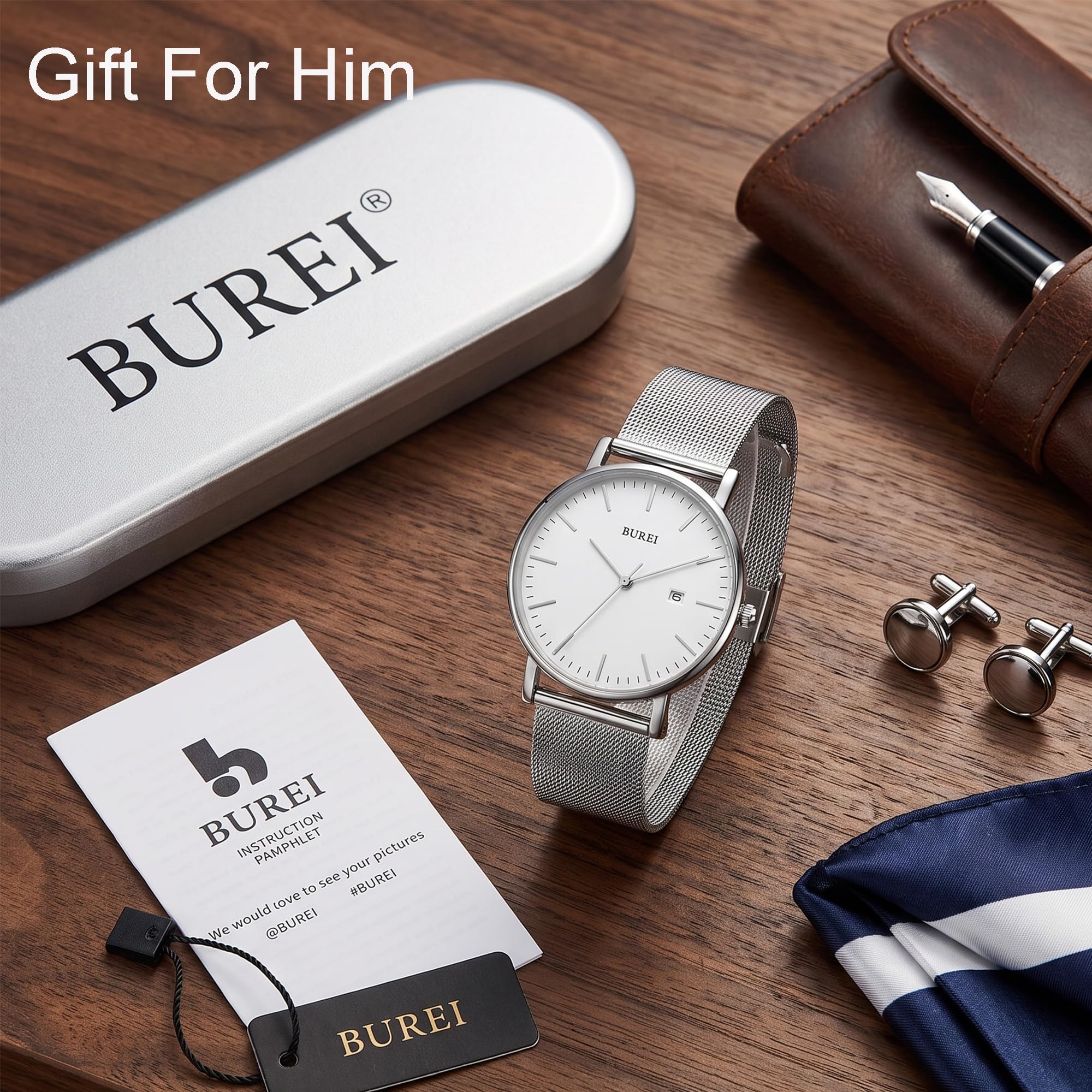 Burei - Reloj de Pulsera analógico Minimalista para Hombre, con Fecha Gris y Banda de Malla milanesa Negra (Todo Plateado)