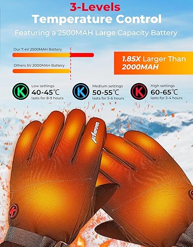 Miniatura 2 de KEMIMOTO Guantes térmicos para hombres y mujeres, 7.4 V, 2500 mAh, impermeables, pantalla táctil, guantes eléctricos con batería recargable para