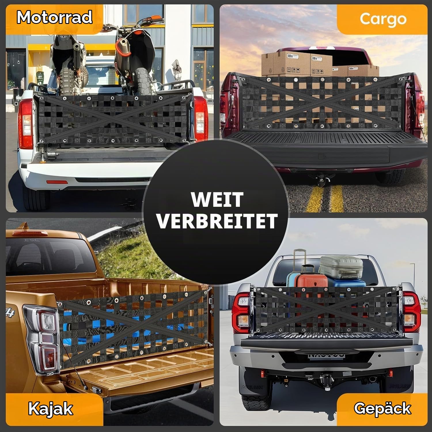 Universelle Schwerlast Ladungssicherungsnetz und Gepäcknetz Auto für Pickup Heckklappe, mit 4 Verstellbaren Haken, Elastisch 20% Dehnbar, Schnellmontage