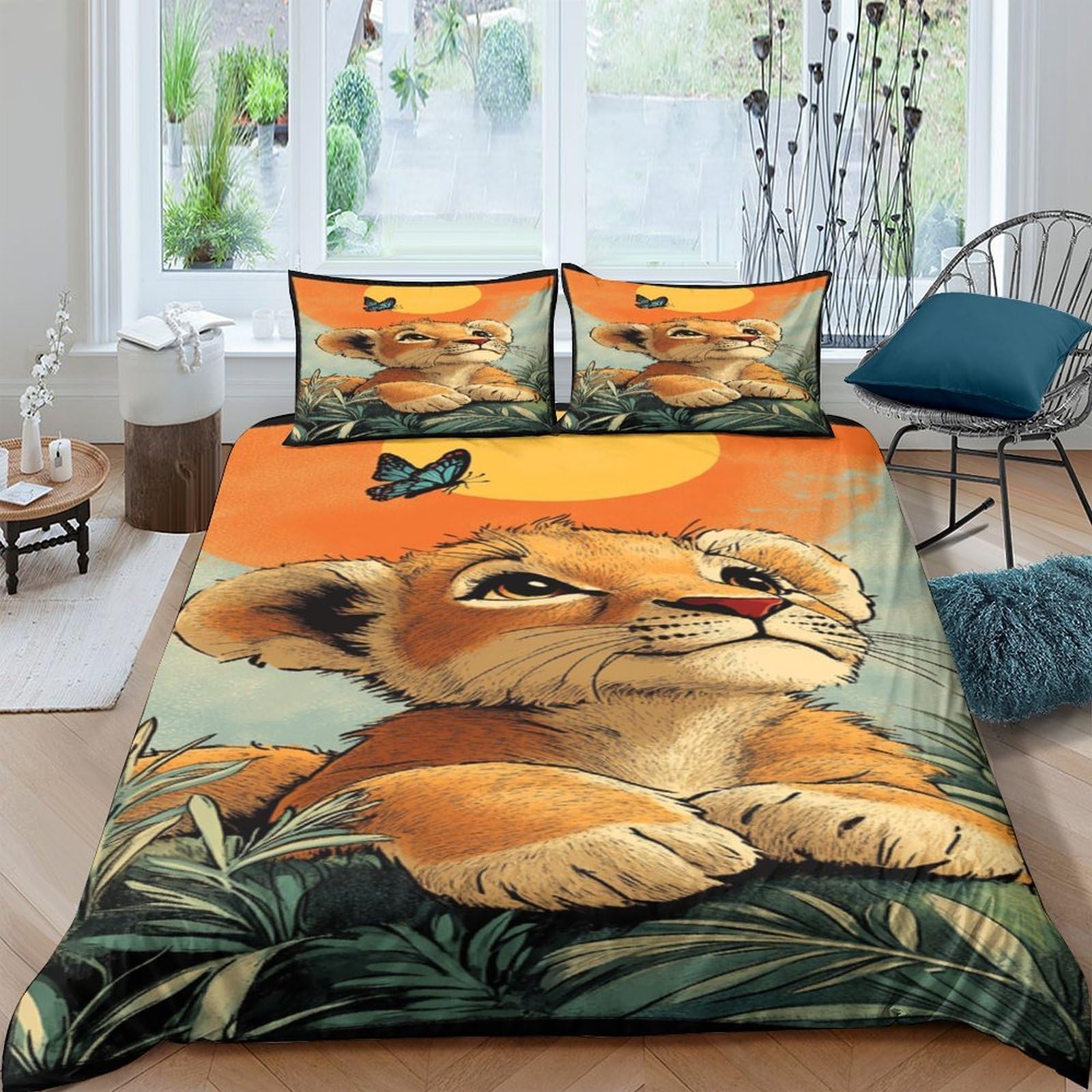 Ctjqhvkz Style-6 3D Printed Cartoon Lion Fitted Sheet Microfiber Orange Green Jungle Bed Sheet Anti-Slip Washable For Bedroom Guest Room Single（135X200cm）