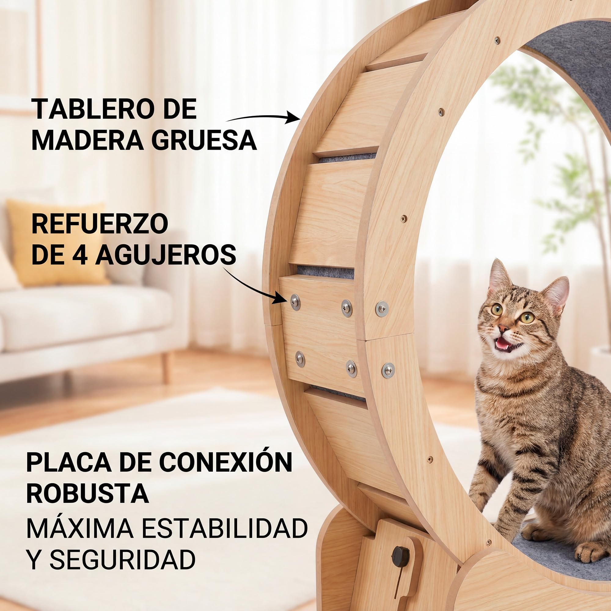 Rueda de Ejercicio para Gatos de Madera Maciza 5 en 1 (100cm) con Casita Integrada, Rascador, Plataformas y Cuencos – Cinta de Correr Silenciosa y Estable para Gatos Grandes y Perros Pequeños