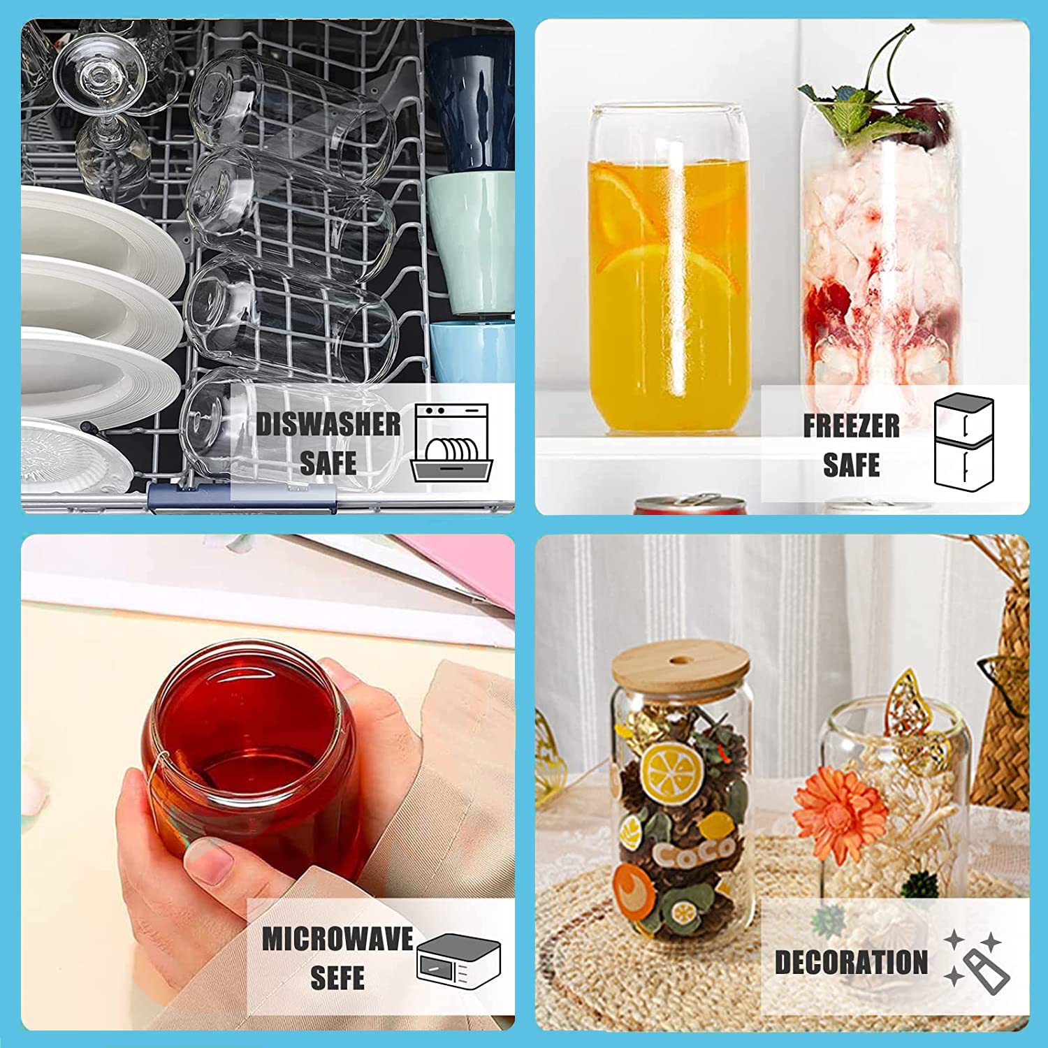 Szklanki do napojów z pokrywką i słomką, szklanki do kawy mrożonej 500 ml, estetyczne szklanki ze słomką, szklane kubki do smoothie, latte, macchiato, whisky (6 szt.)