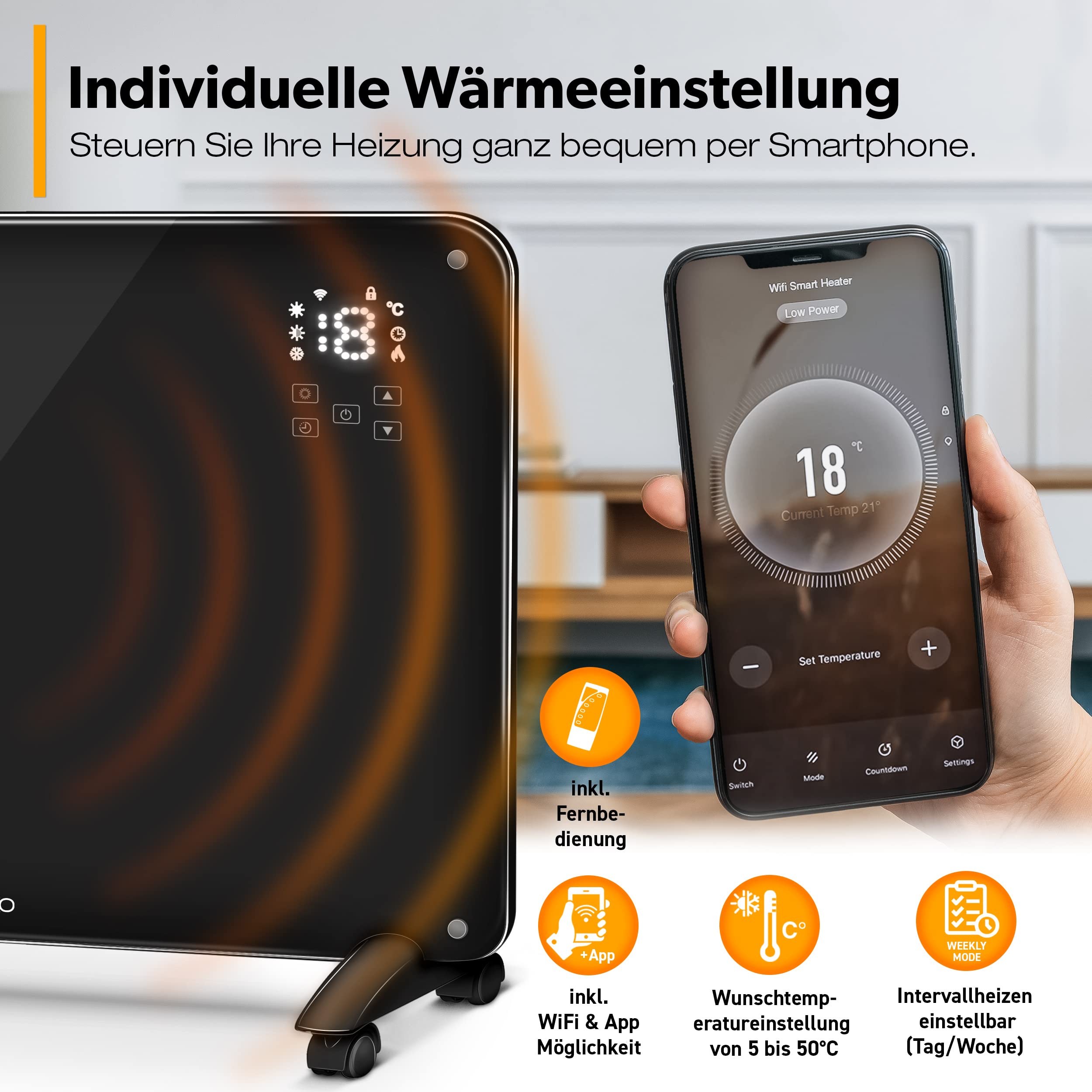 TRESKO Szklany konwektor 2000 W, APP WiFi, grzejnik elektryczny w zestawie Pilot zdalnego sterowania | szkło konwektorowe ogrzewanie dotykowe i wyświetlacz LCD | elektryczne ogrzewanie podłogowe lub