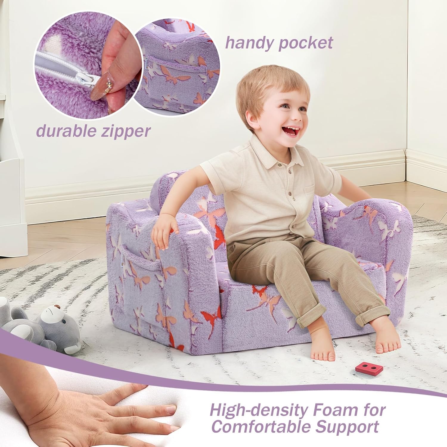 MeMoreCool Toddler Chair Comfy 1-3 Years Old, Kids Couch for Playroom, Convertible Glowing Butterfly Flip Out Sofa, Kids Furniture Floor Recliner Chair Bed - Image 6
