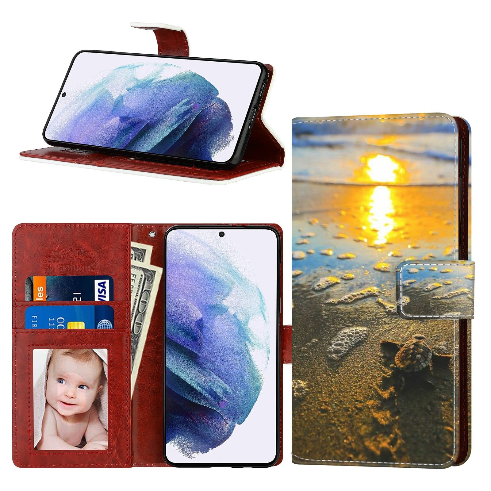 for Google Pixel 6 Pro, Wallet Case Baby Sea Turtle Case Fit Google Pixel 6 Pro (6.7inch) Soft PU Leather Shockproof Flip Cover Card Slot with Wristbands for Women