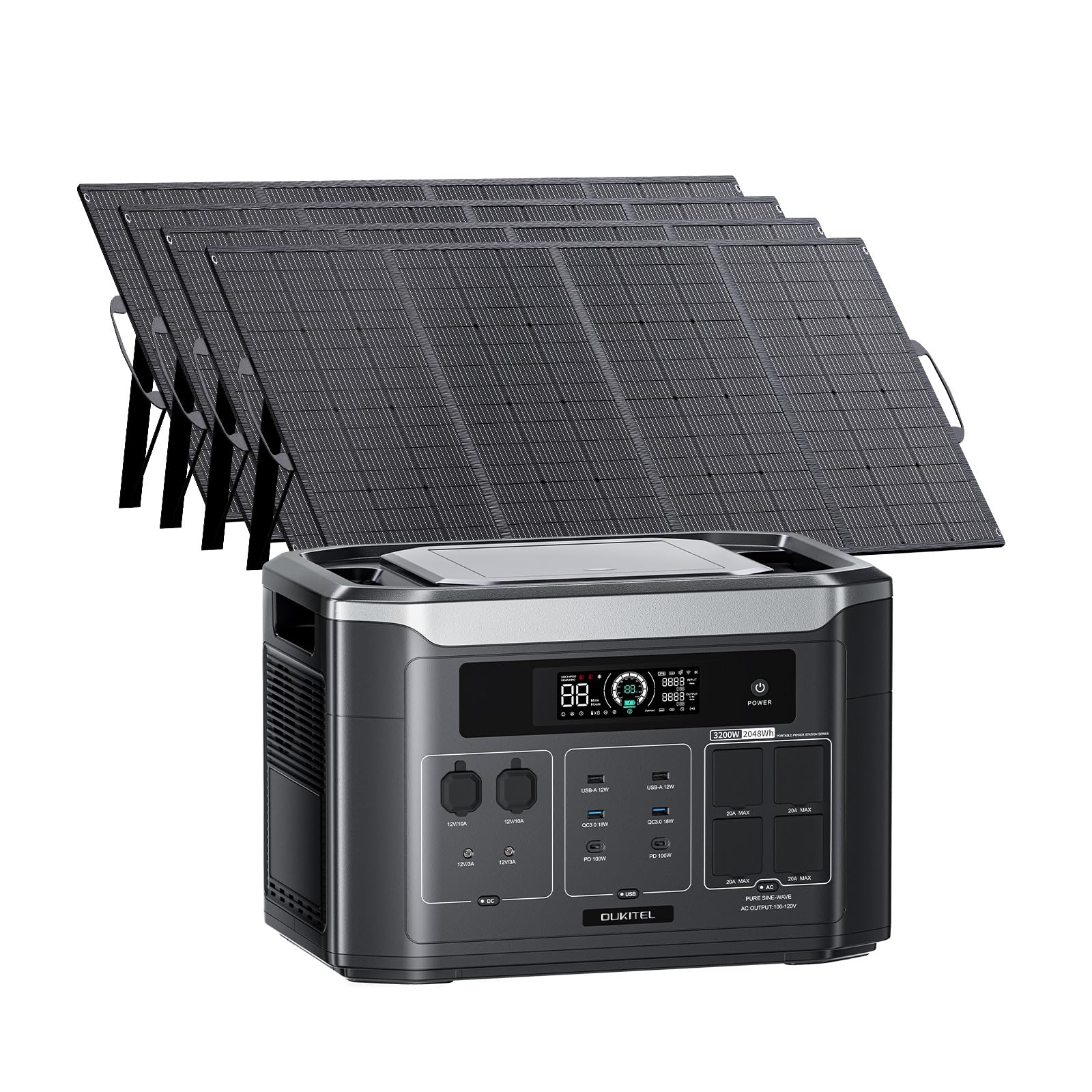 OUKITEL 3200W Generatore Solare con Pannello 4x200W, 2048Wh Espandibile fino a 16kWh Centrale Elettrica Portatile, Batteria LFP, Ricarica 1h, 16 Porte, Portable Power Station per Campeggio, Camper