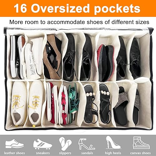 Miniatura 3 de homyfort Organizador de almacenamiento de zapatos debajo de la cama, paquete de 2 unidades para 32 pares, contenedor extra grande para zapatos,