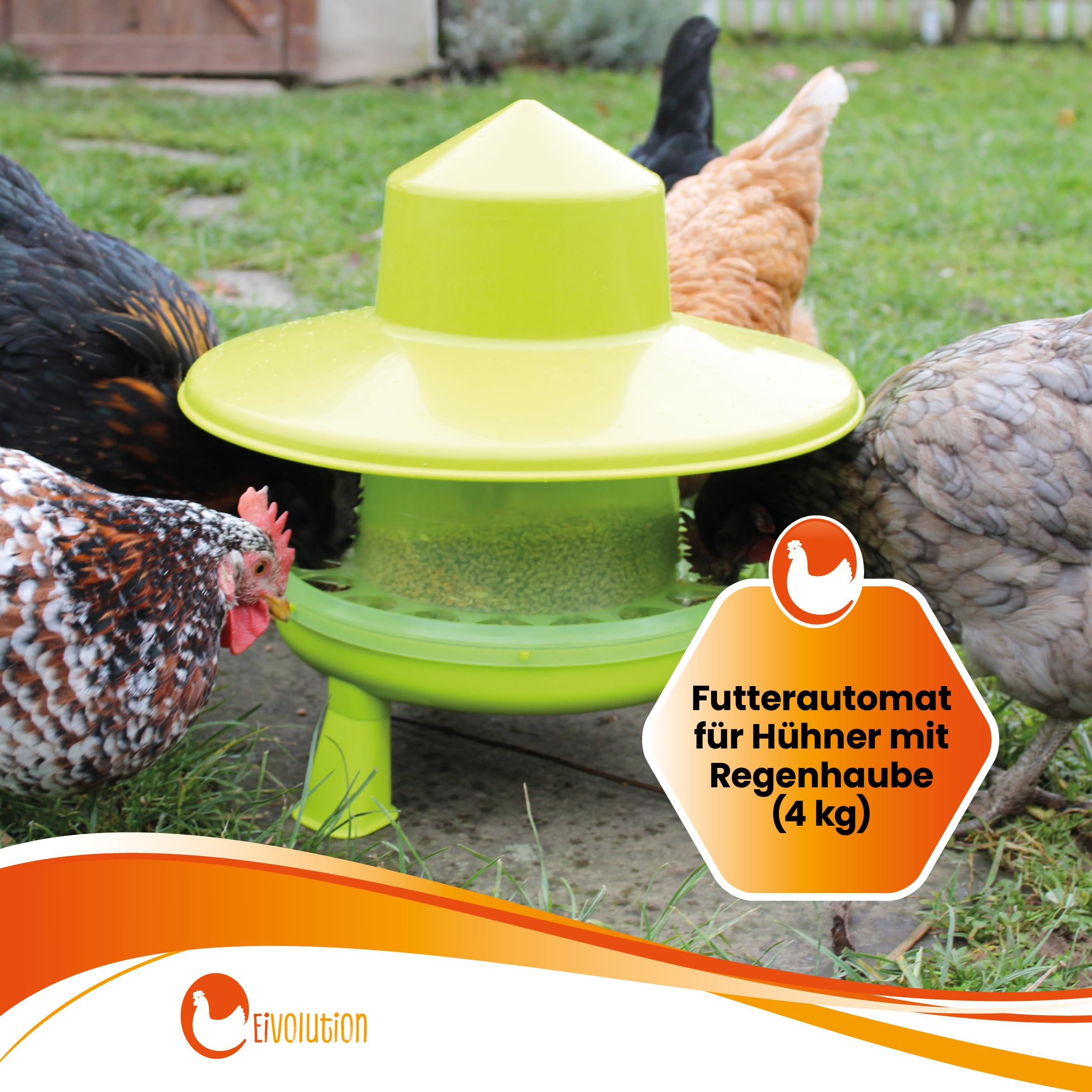 Futterautomat 4 kg - Kunststoff - mit Beinen und Regenhut, für Hühner, Geflügel - trockenes Futter