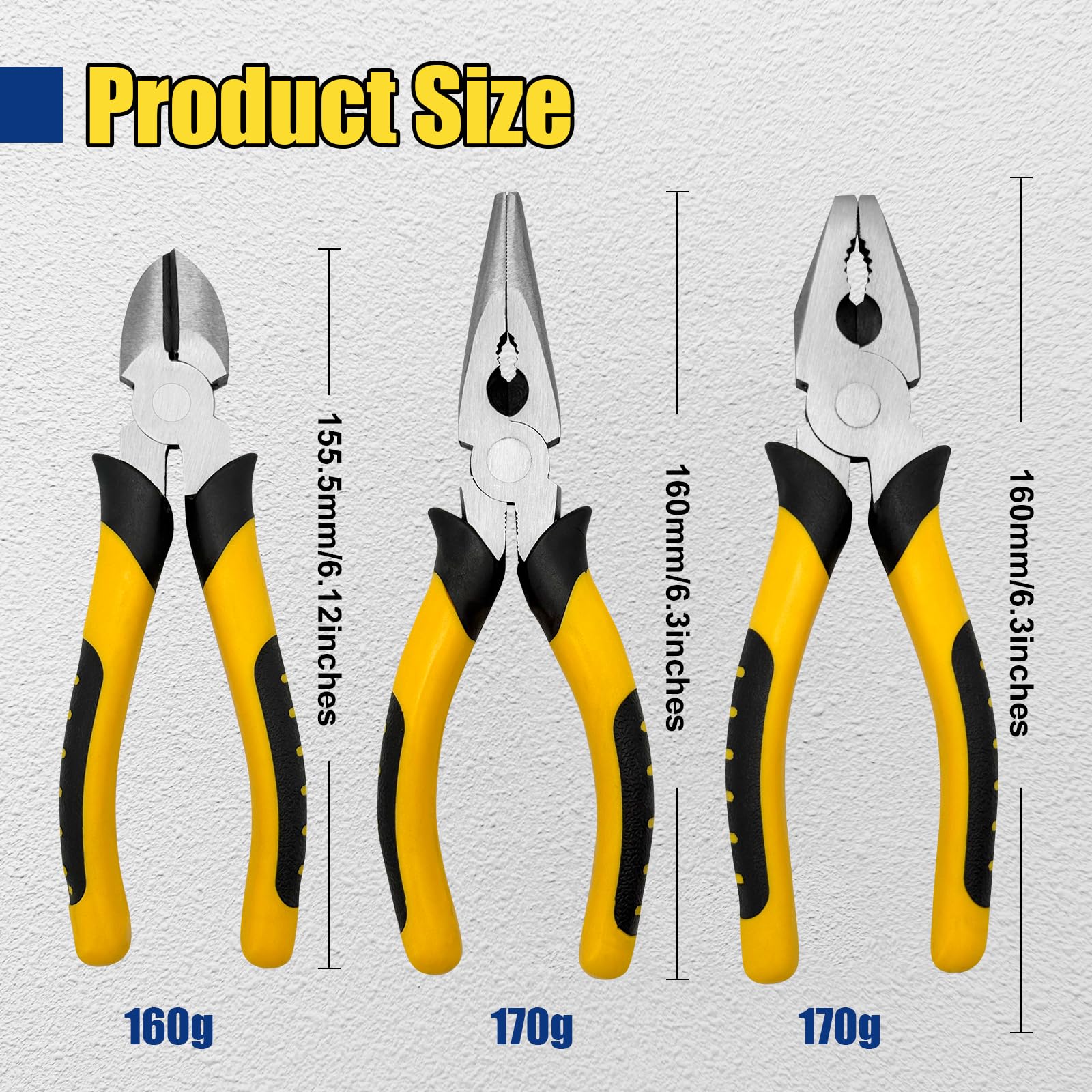 HYSHLC 3 Pcs Pliers Set 160mm with Soft Grip Handles, Carbon Steel Long Nose Plier - Image 2