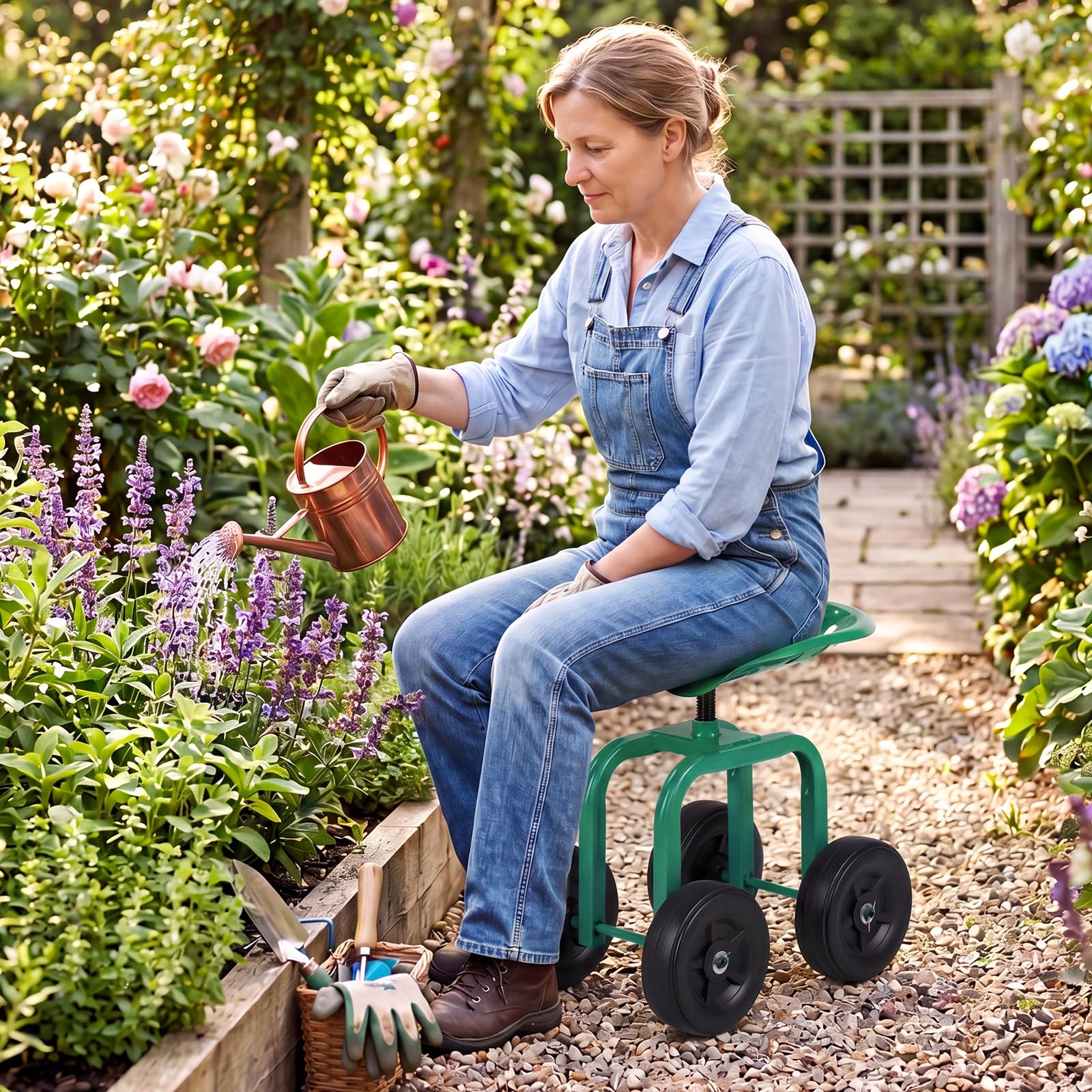 RELAX4LIFE Rollsitz, Gartensitz mit 4 Rädern, Gartenrollsitz 360 ° Drehbar & Höhenverstellbar 40-50 cm, Fahrbarer Arbeitssitz aus Metall, bis 150 kg, für Gartenarbeit & Autopflege
