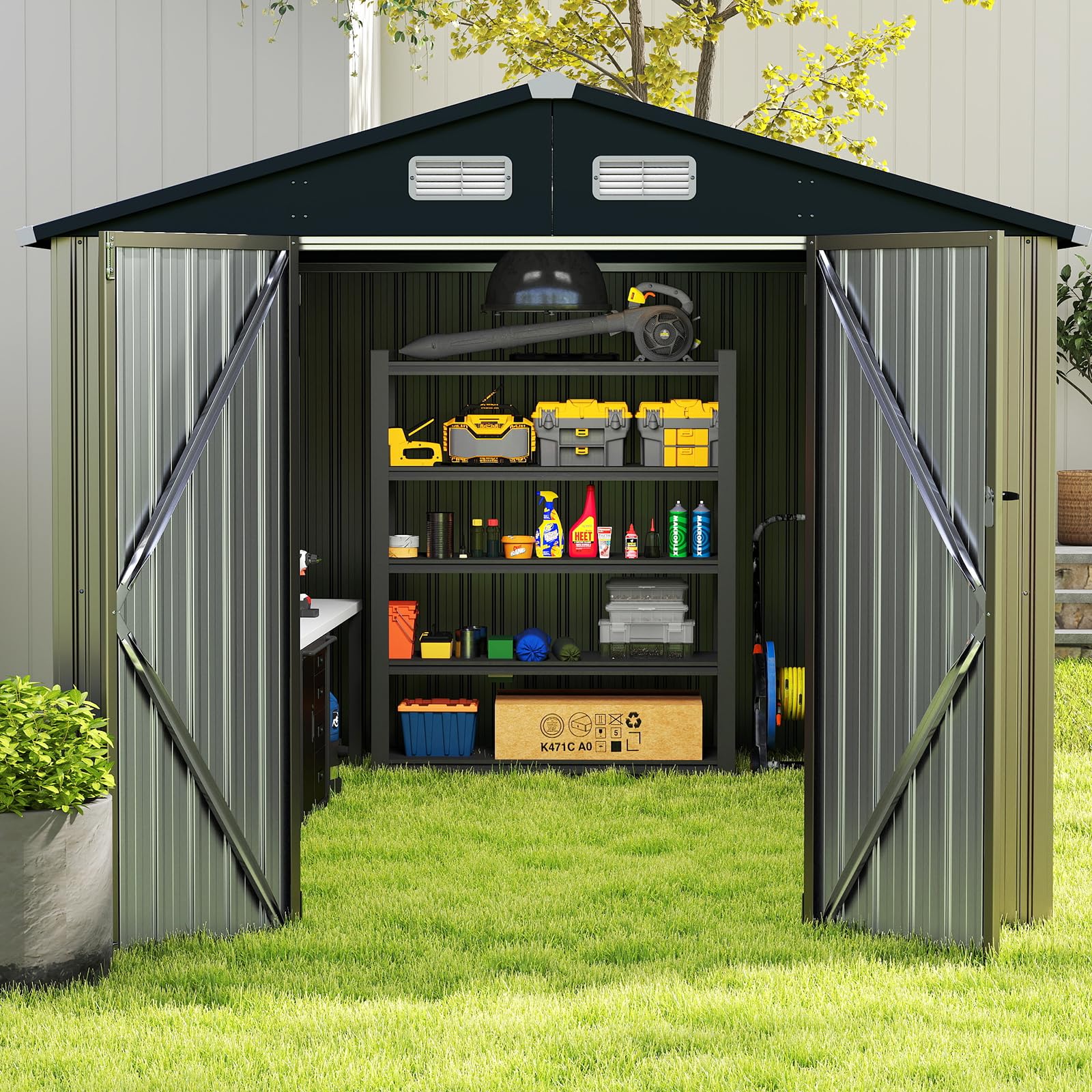 COSTWAY Abri de Jardin Métal 7.8 m², Toit Double Pente, Double Porte Verrouillable avec Clé, 4 Aérations, Cabane de Jardin Exterieur pour Vélo, Poubelle, Outil, Anthracite (7.8 m²)