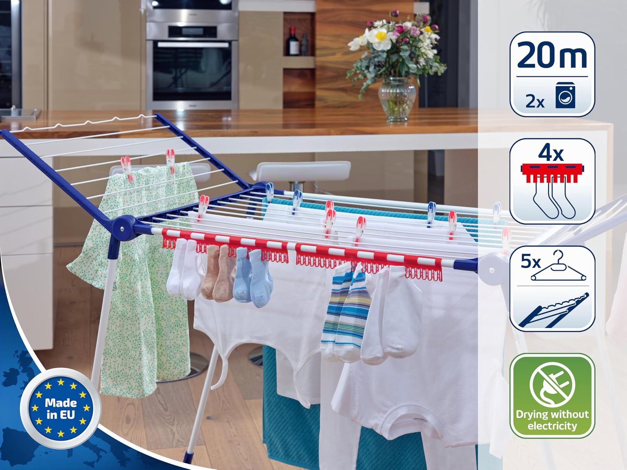 Leifheit Pegasus 200 Solid Stendibiancheria con accessori, Stendino allungabile 20m spazio totale, stendibiancheria estensibile con grucce e supporti [Amazon Exclusive]
