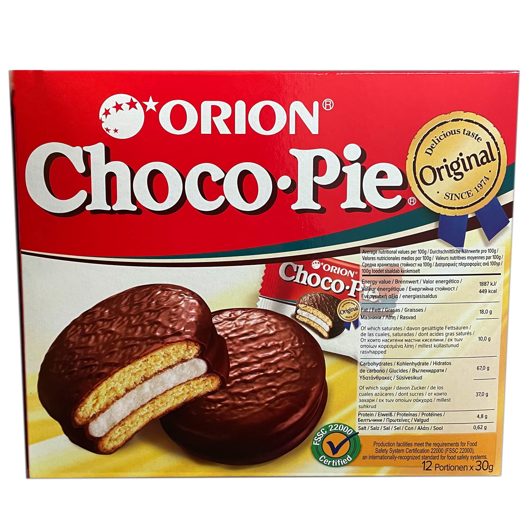 Orion Choco Pie 360g – 12 Pastelitos con Chocolate y Relleno de Marshmallow