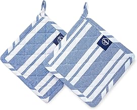 Encasa XO 21 cm Oven Microwave Potholders (2 pc Set) for Kitchen Cooking & Baking - Heat Resistant, Thick & Safe, Protection of Hands from Hot Utensils - Franca Blue Stripes