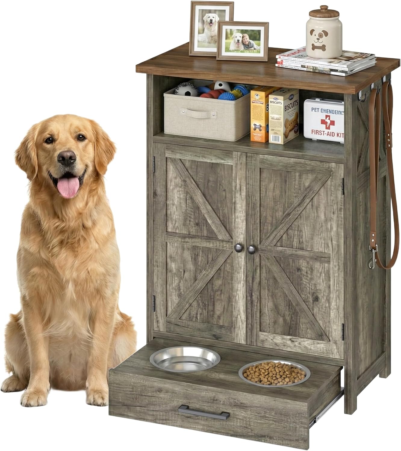 Dog Feeding Station with Storage Cabinet, Raised 2 Elevated Dog Bowls with Hidden Pull Out Drawer, Pet Feeder Organizer with 3 Side Hooks, Large Capacity Dog Food Storage Cabinet