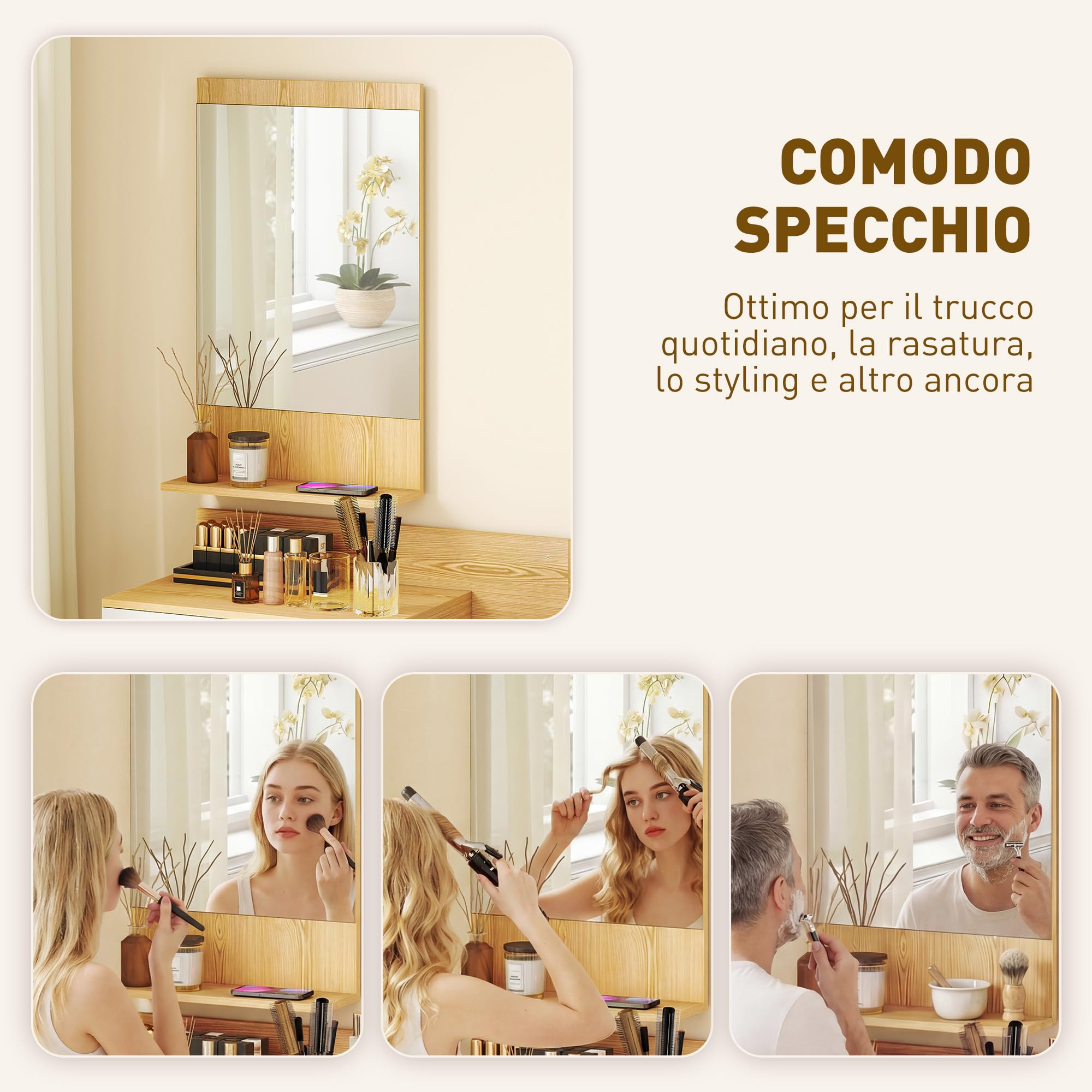 HOMCOM Set Mobili Ingresso con Specchio, Mobiletto a Parete con Cassetto e 2 Ripiani Aperti per Soggiorno, Camera da Letto, Ingresso, Legno Naturale
