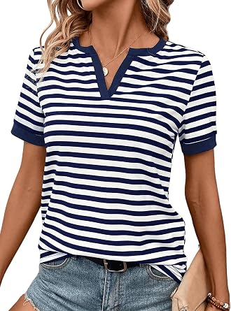 LilyCoco Striped Shirt Women V Neck T Shirts Short Sleeve Color Block Summer Tops