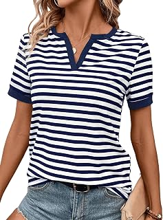 LilyCoco Striped Shirt Women V Neck Short Sleeve T Shirts