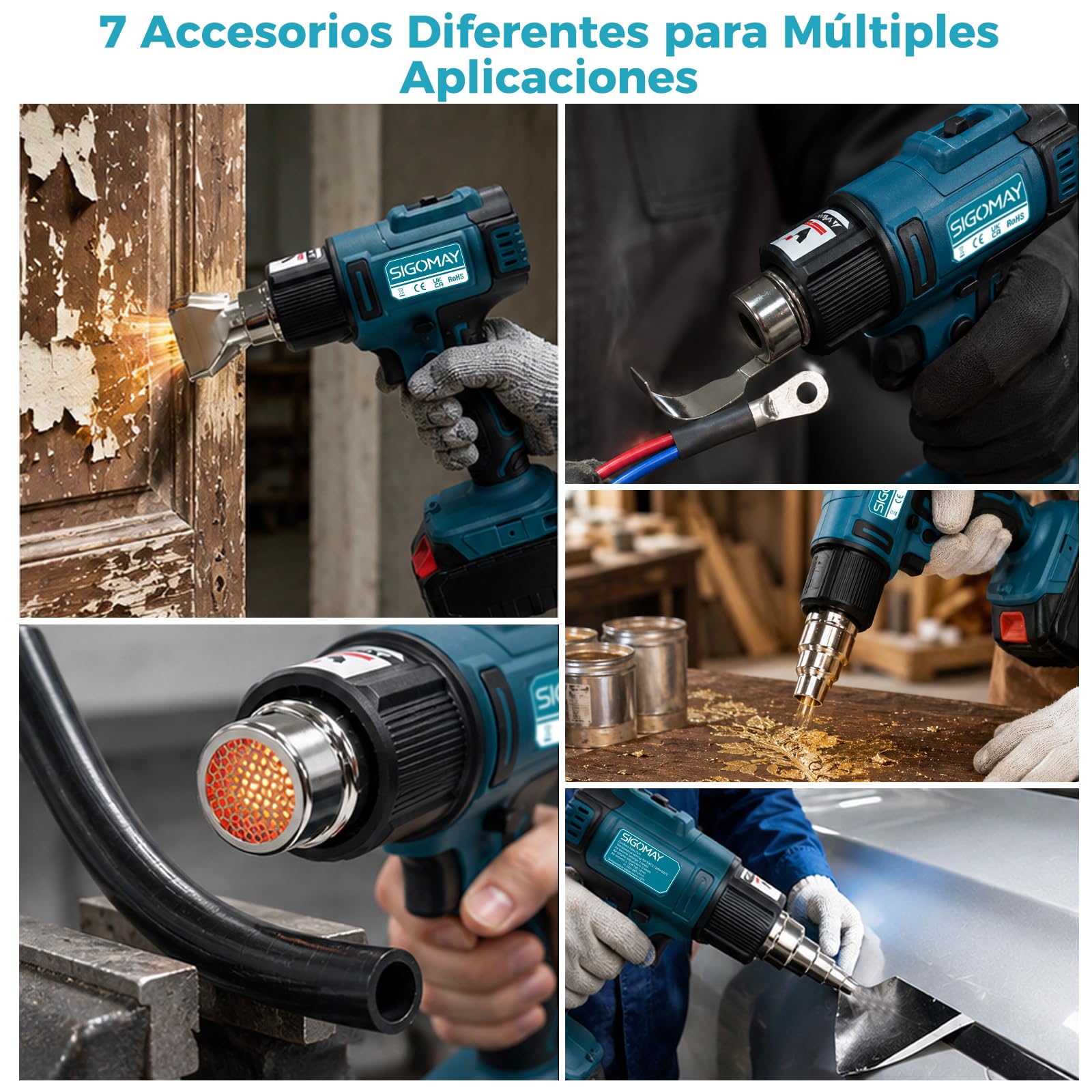 Decapador Térmico a Batería 18V con Batería 5.0Ah y Cargador Rápido | Pistola de Aire Caliente Compatible con Makita LXT, Pantalla LCD (Ajuste Rápido), 50-550°C, 6 Velocidades, 7 Accesorios