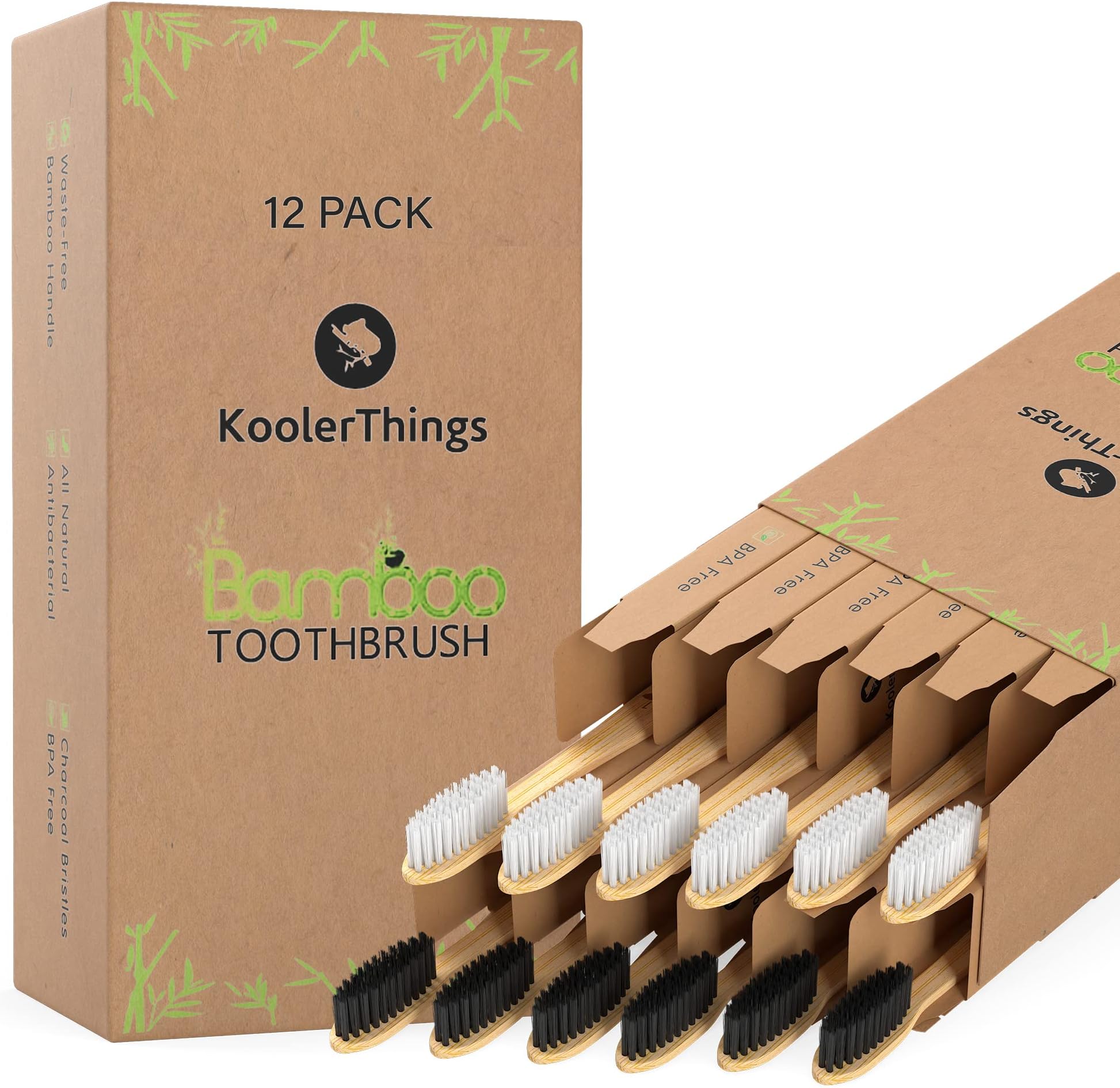 KoolerThings Bamboo Toothbrushes (12 Pk) | BPA Free Soft Bristles | Biodegradable, Compostable, Eco Friendly, Natural, Organic, Vegan