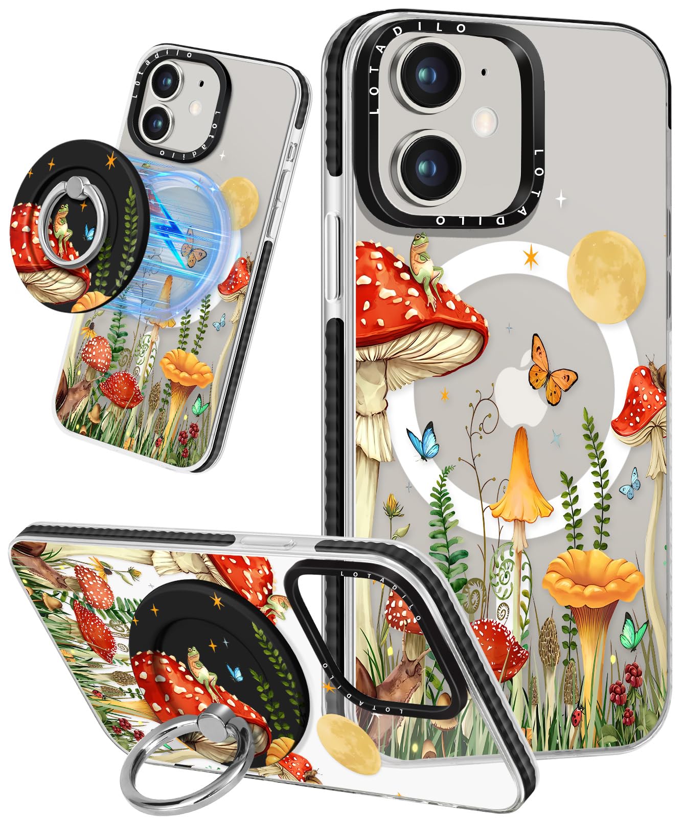 Lotadilo Cute Case for iPhone 11 for Women Girls - Funny Design Compatible with Magsafe Magnetic Ring Holder Kickstand Mushroom Butterfly Fashion