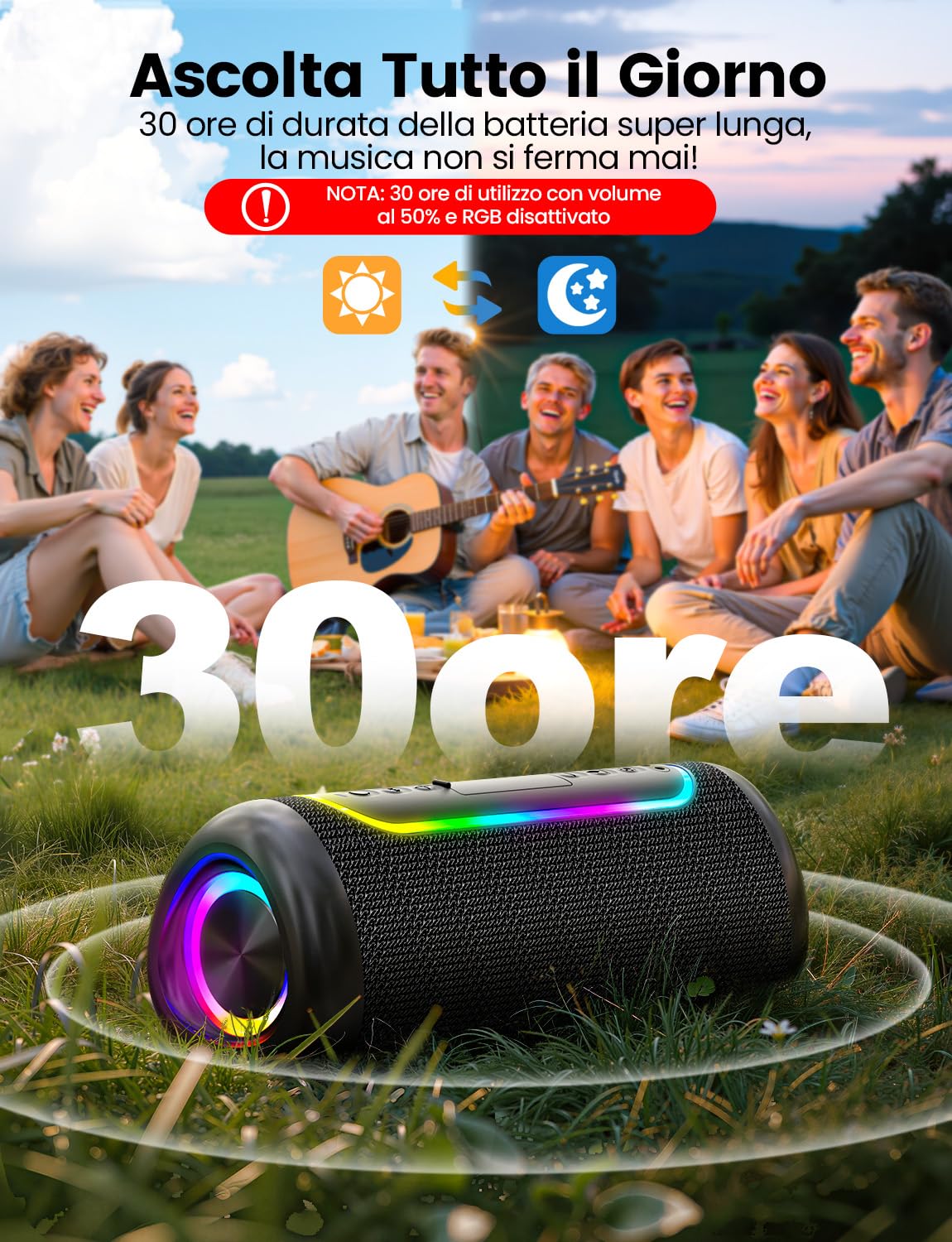 UOHHBOE Cassa Bluetooth Portatile 30W Potente Altoparlante Bluetooth 5.4 Accoppiamento TWS 30 ore Impermeabile IPX5 con Luci LED Colorate Ritmiche per Chiavetta USB AUX e TF per Esterno Festa