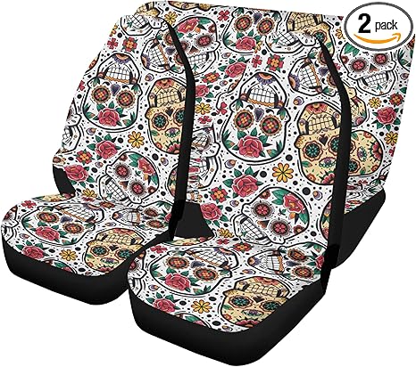 Colorful Sugar Skull Car Seat Covers and Custom Floor Mats – Dia de Los Muertos Calaveras Auto Interior Decor for Festive Seat and Floor Protection (3pcs Front+Back seat Covers)