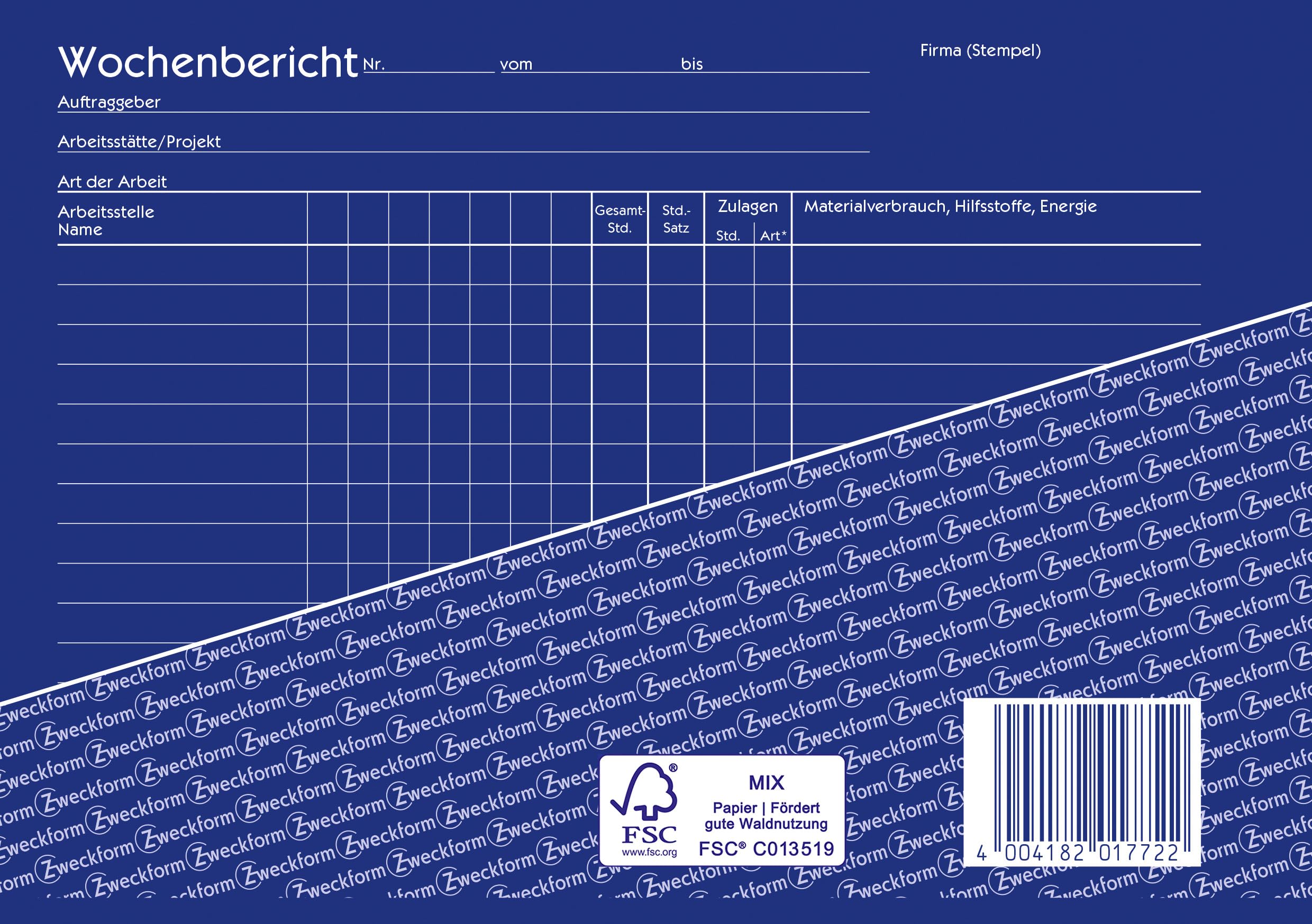 Avery Zweckform 1772-5 Wochenbericht (A5 quer, selbstdurchschreibend, von Rechtsexperten geprüft, für DE/AT zur wöchentlichen Dokumentation der Arbeitsleistung, 2x40 Blatt), 5er-Pack, weiß/gelb/blau